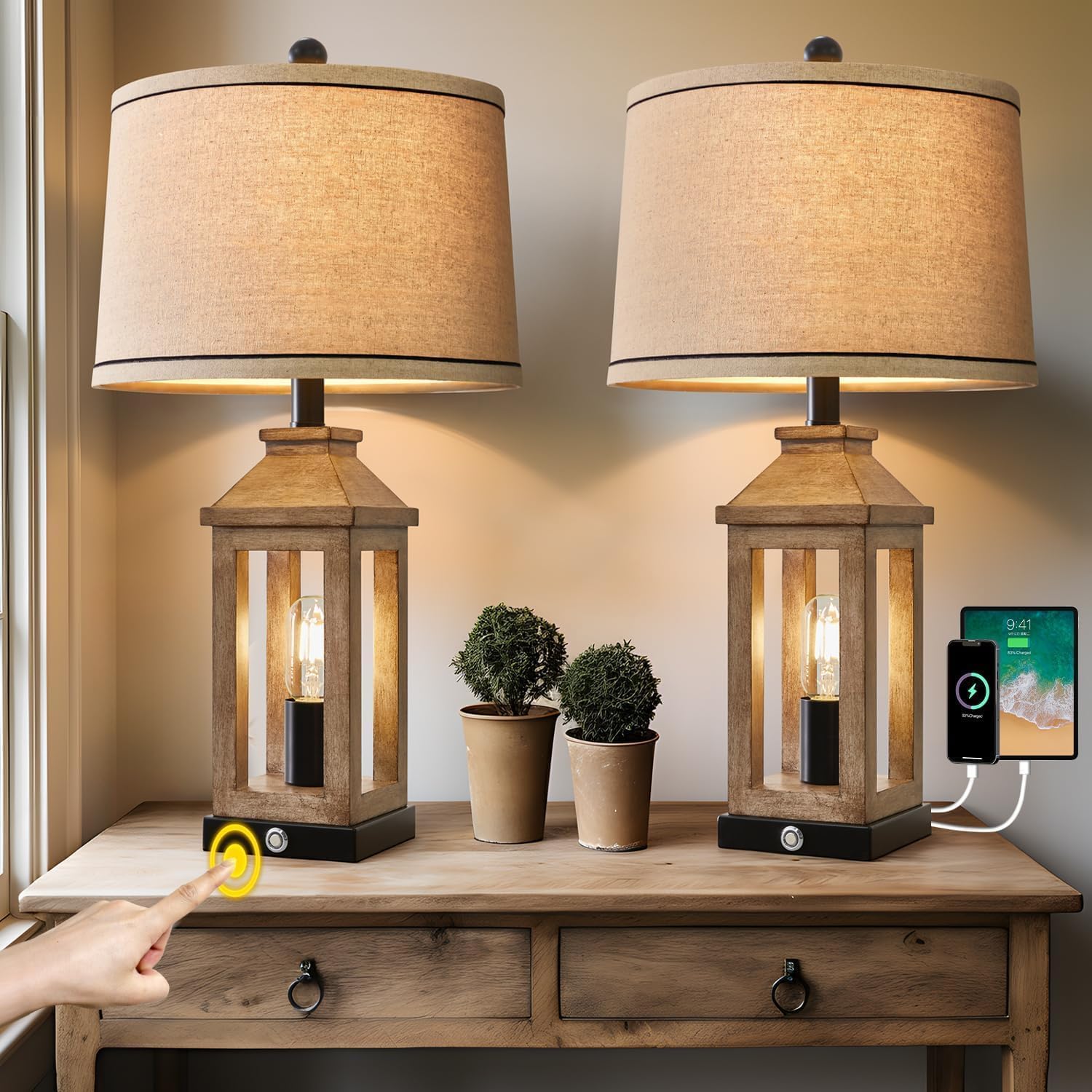G-SAFAVA Farmhouse Touch Control Table Lamp Set of 2 with USB Ports - 3-Way Dimmable, Vintage Modern Design, Wood Finish