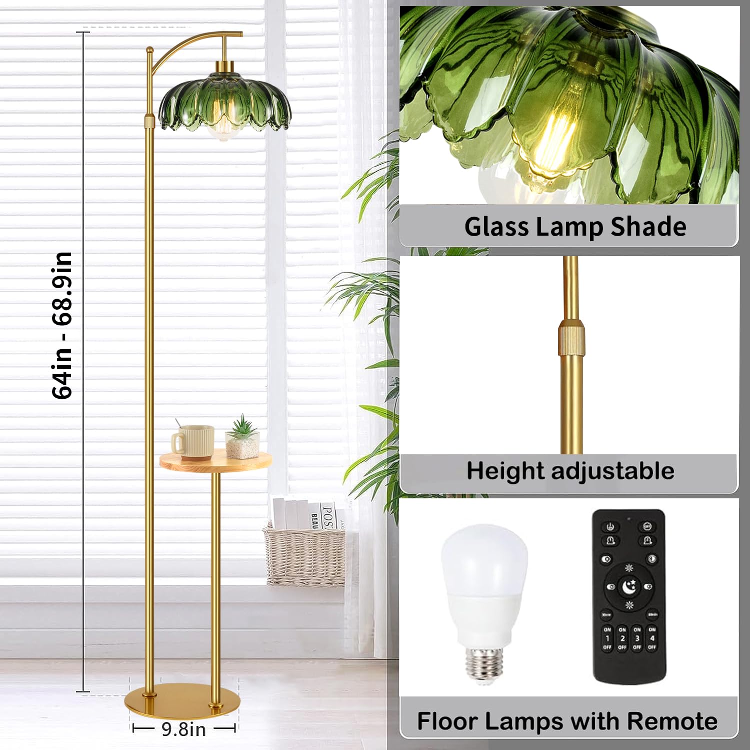 ZECOXOL Arc Floor Lamp with Table & Shelves, Gold-green, Dimmable, Remote Control, 10.2" Model 001