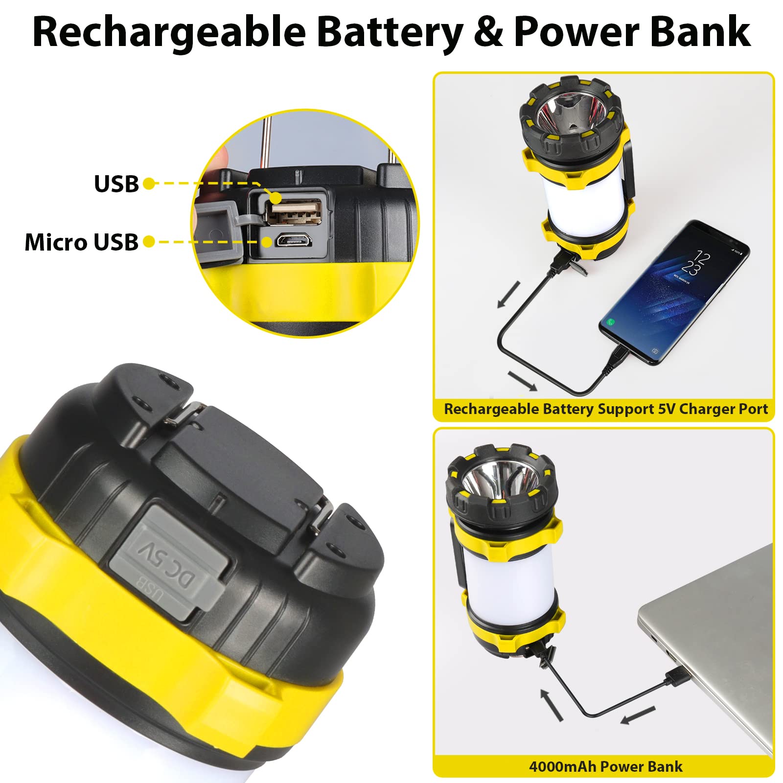 BOBKID 2 Pack Camping Lantern, LED Light 1000LM, Rechargeable, IPX5 Waterproof, 4000mAh Power Bank, Yellow, Model KJ-1296