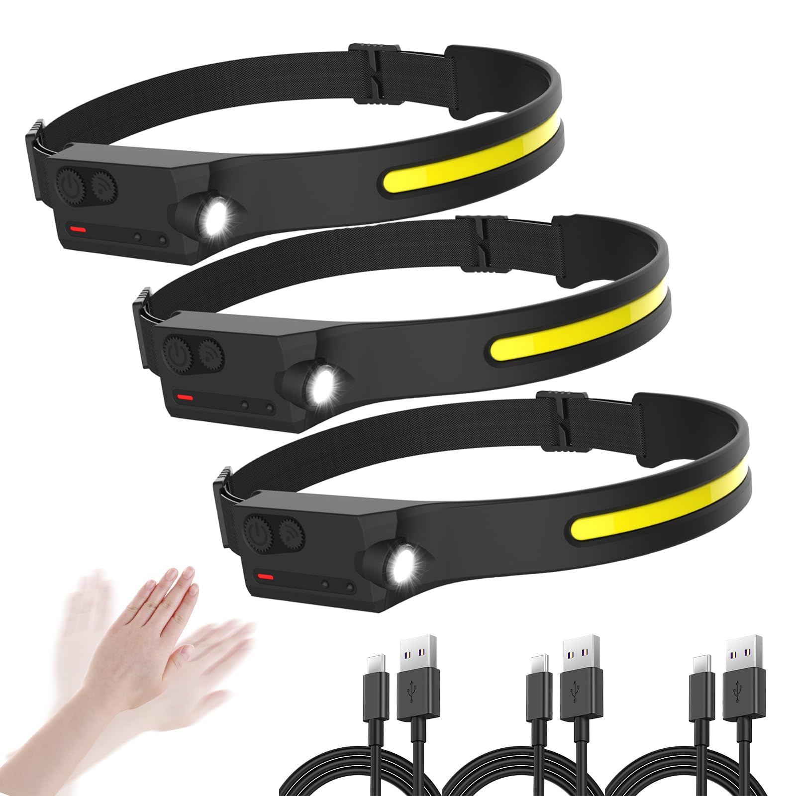 Pristar LED Rechargeable Headlamp, Motion Sensor, 350 Lumen, 5 Modes, 3 Pack, Black, Silicone