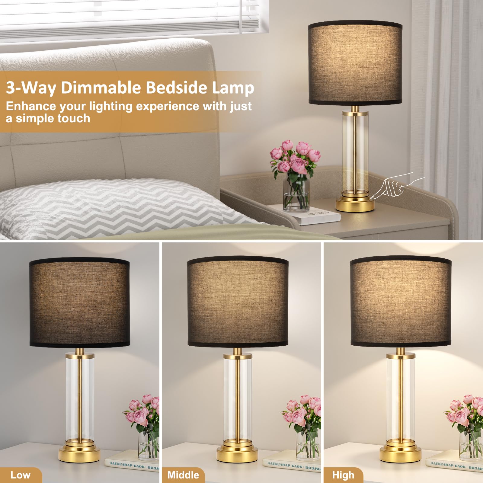 Black Gold Bedroom Lamps Set Of 2 - Touch Bedside Lamp For Night Stands With Usb C+A, 3 Way Dimmable Nightstand Table Lamps For