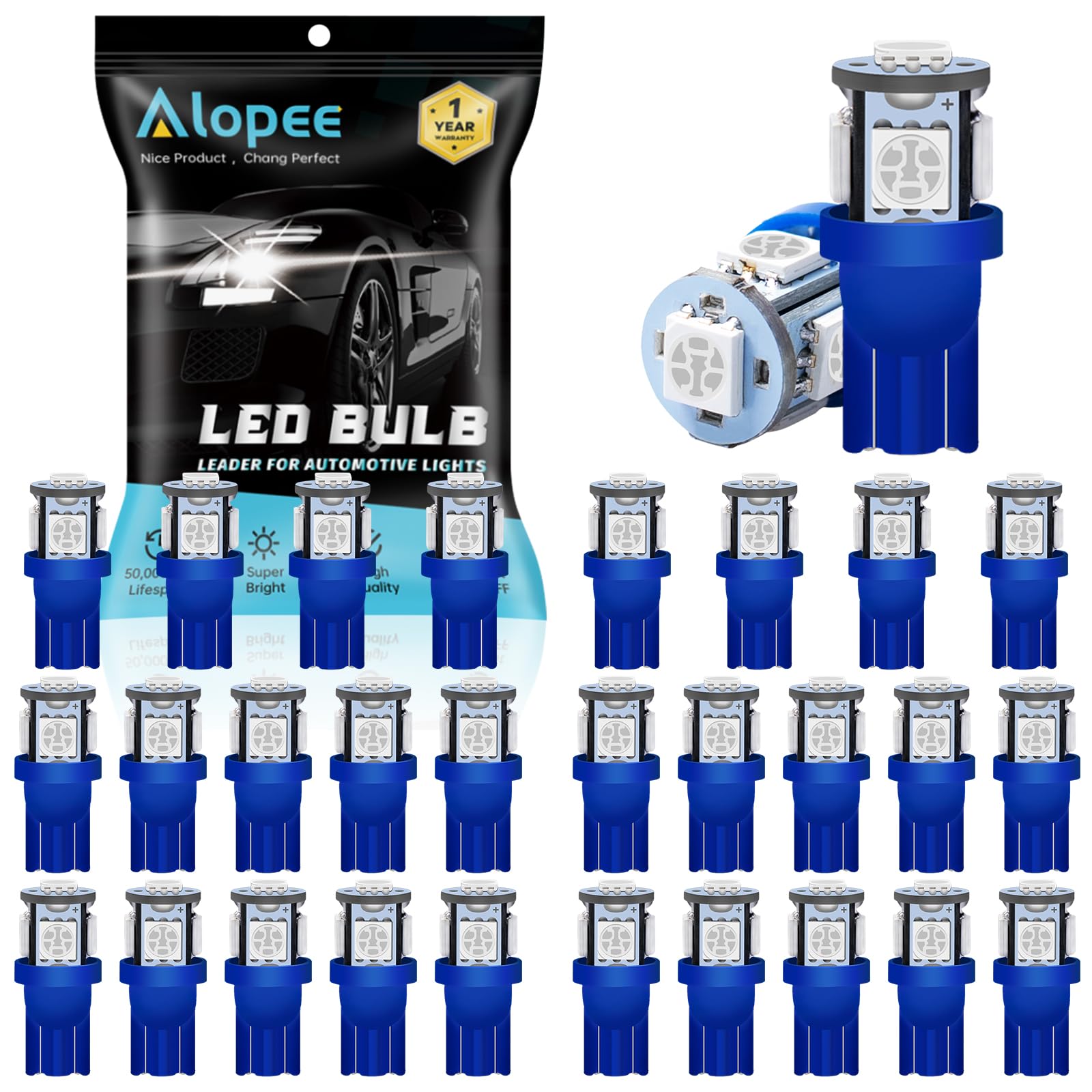 Alopee T10 Wedge Light Bulbs 194 Blue LED Replacement 12V 30 Pack for Car Interior Dome Map Door Trunk Lights