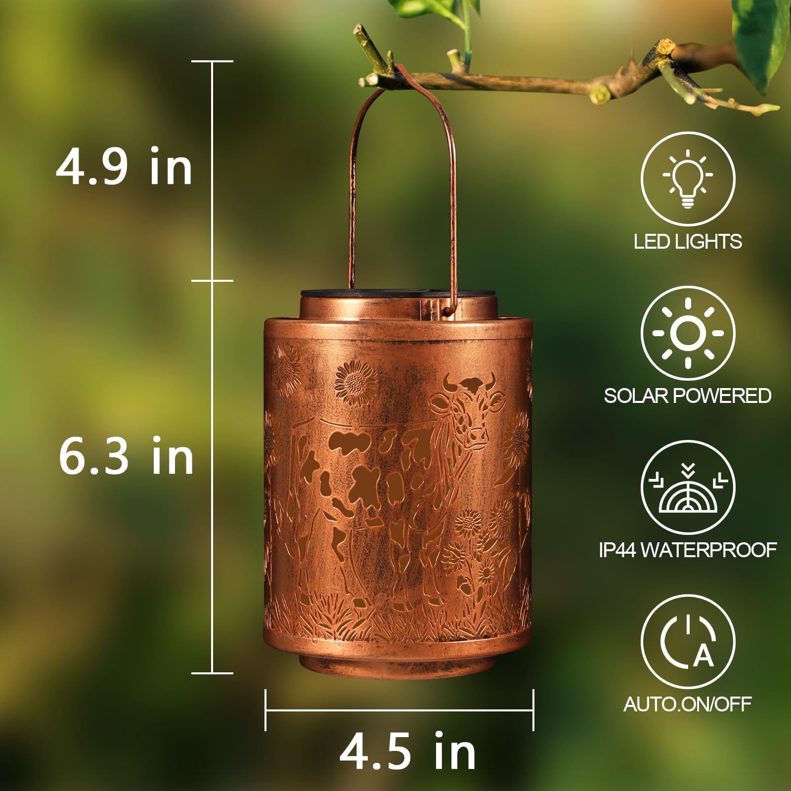 Tepaken Solar Lantern Garden Decor LED Hanging Light Metal Waterproof Cow Hummingbird-1 Gold