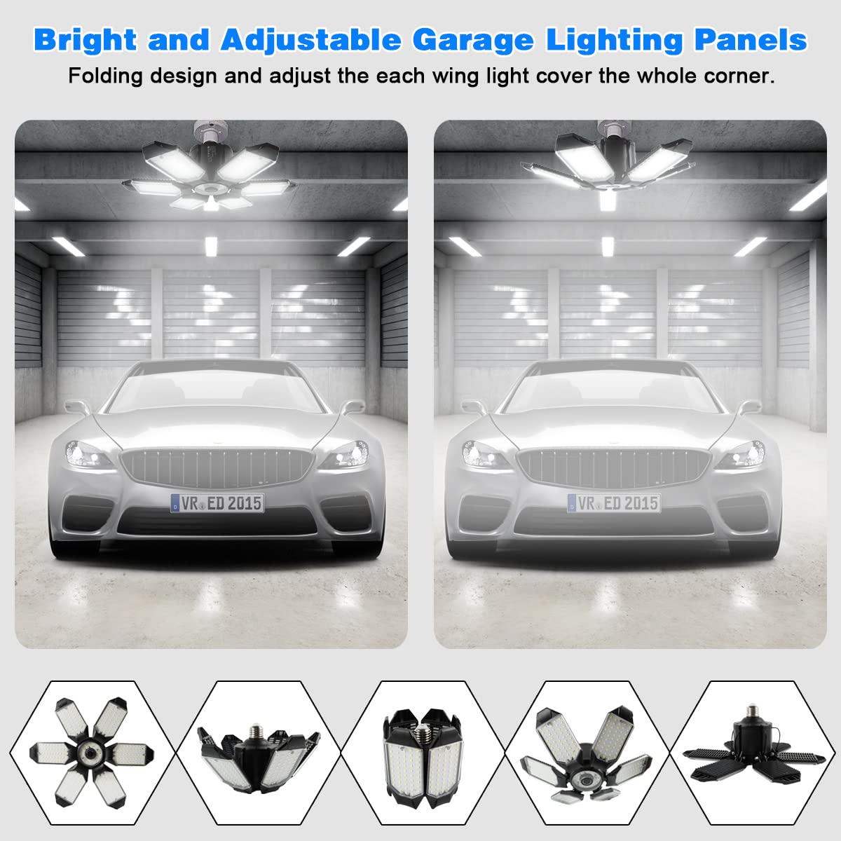 Polarpra Garage Light - 80000Lm Super Bright 6500K Garage Lights Ceiling Led W/ 8 Deformable Panels Compatible For E26/E27 Garage Light Socket Applicable For Garage Barn Warehouse Attic - 4Pack