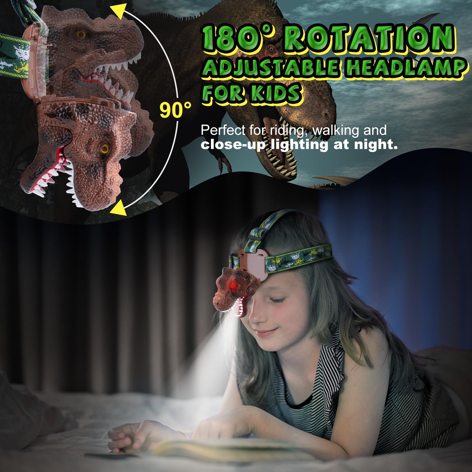 Ella Mama Upgraded Rechargeable Dinosaur Headlamp For Kids, Led Flashlight For Boys Or Girls Outdoor Camping Gear, Roar & Silent