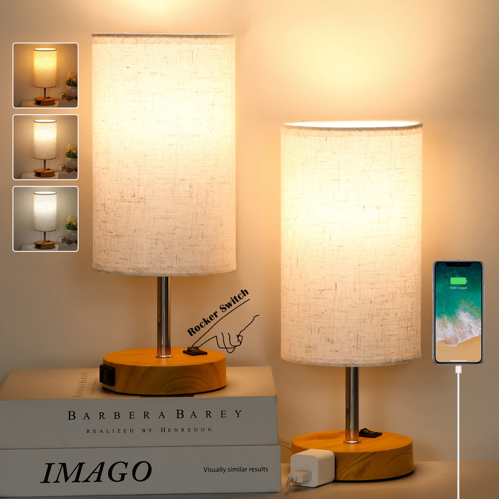 Zjojo Table Lamp Bedside Lamps For Bedroom, Bedside Lamps Set Of 2 With 3 Way Dimmable Using Rocker Switch Nightstand Lamp Night