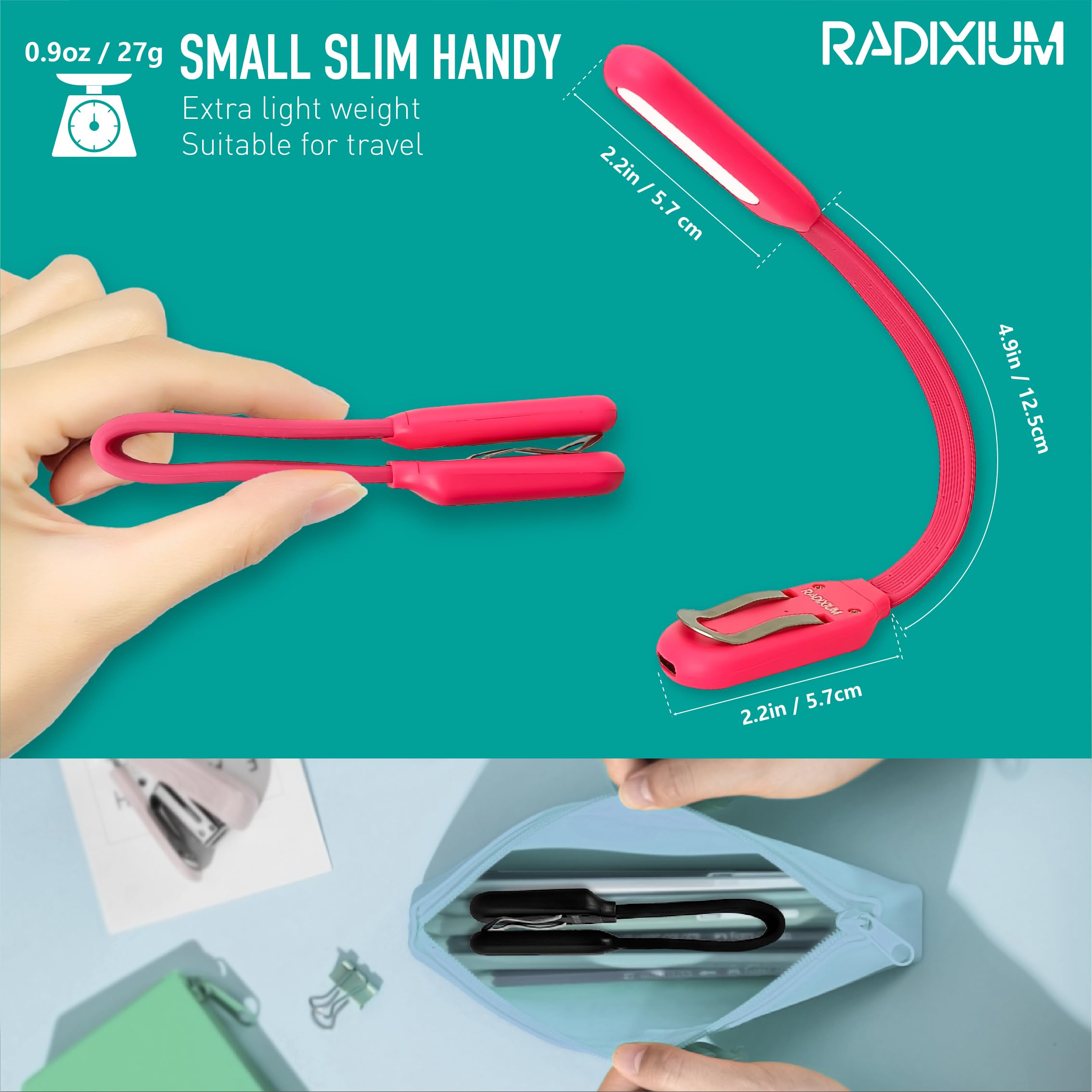 Radixium Slim Rechargeable Book Reading Light  Eye Caring Led With 4 Color Temperatures  Portable Clip On Book Light For Reading In Bed & Travelling. Prefect Elegant White Gift For Book Lover.(Pink)
