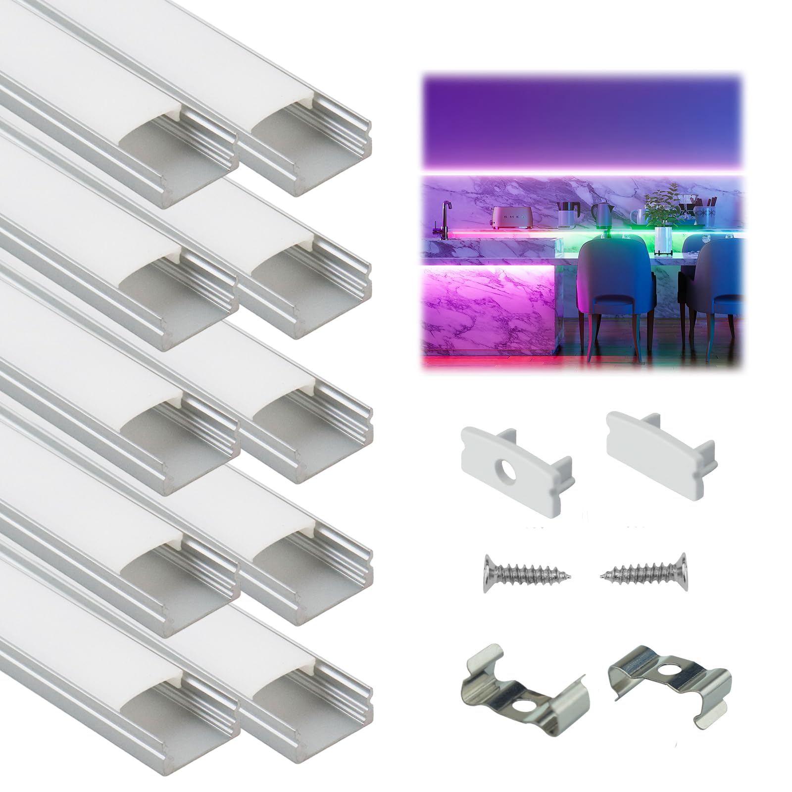 Muzata Led Channel System 10Pack, 3.3Ft/1M, Silver Aluminum With Milky White Cover, Model U1Sw
