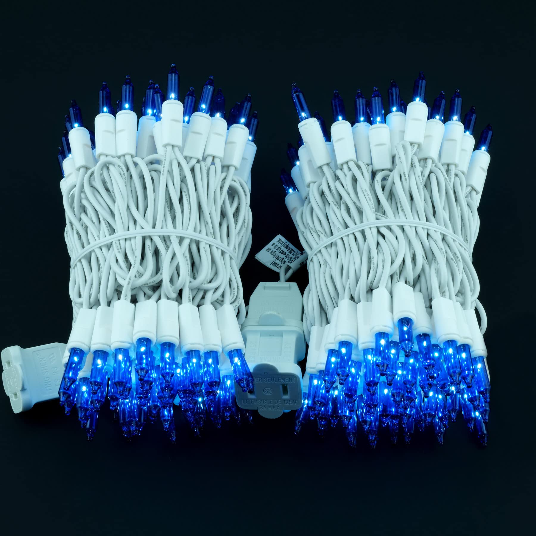 YULETIME Blue Christmas Lights, 200 Count Mini String Lights, 2 Strands of 21 ft, UL Certified, Glass, Blue - White Wire