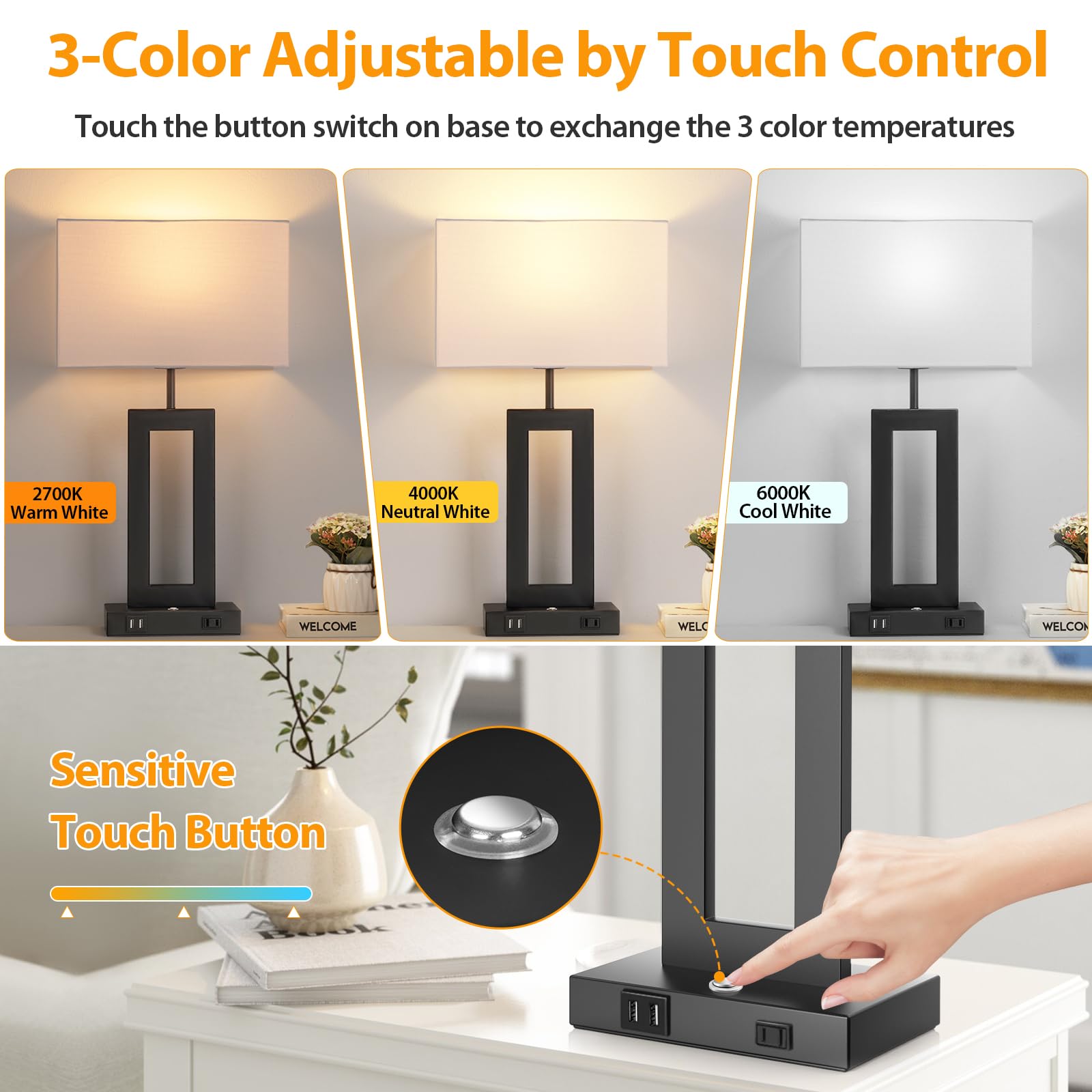 3 Color Temperatures Table Lamps For Bedrooms Set Of 2, 22 Touch Control Bedside Nightstand Lamps With 2 Usb Ports & Ac Outlet,