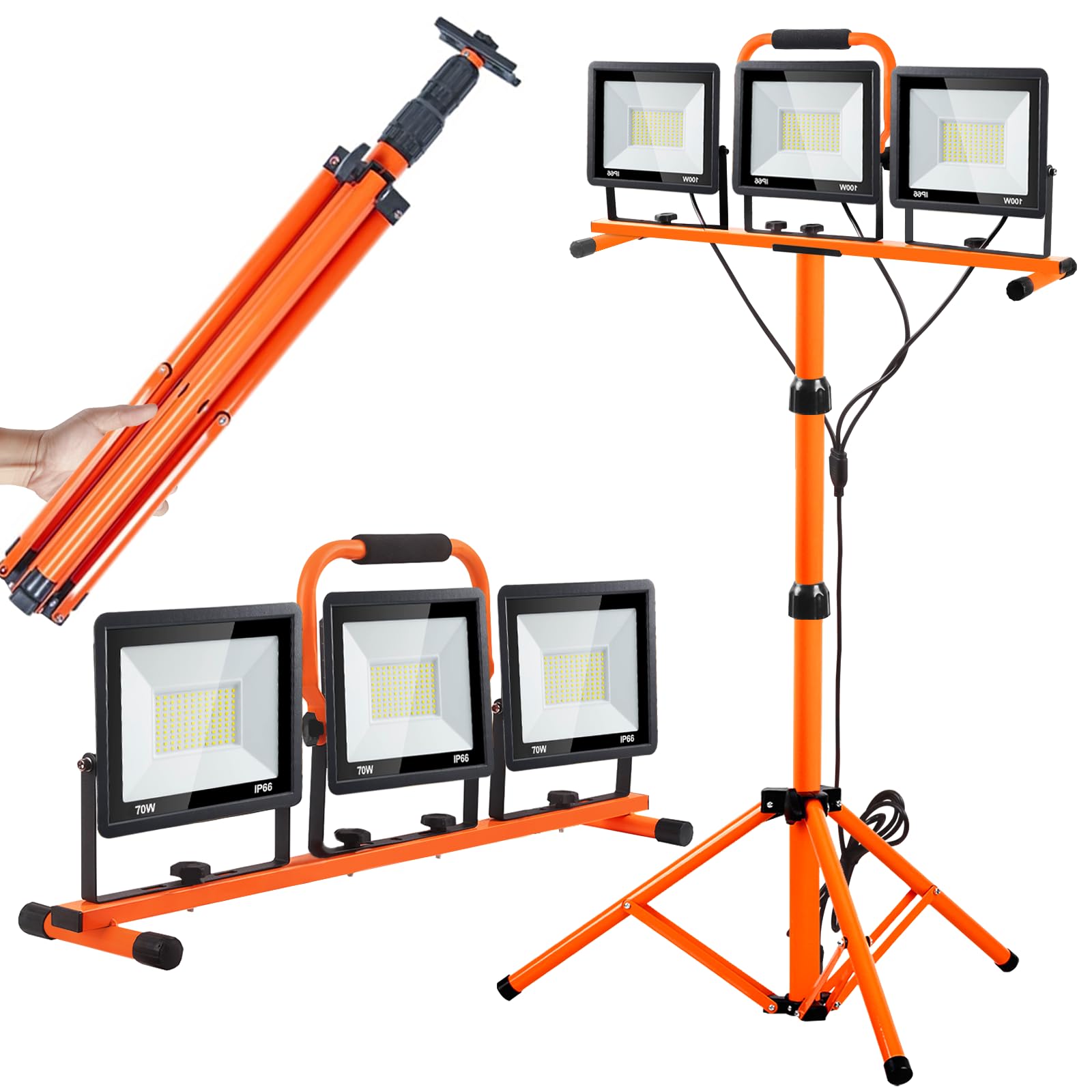 HOHOMETIC 21000 Lumen LED Work Light with 3 Adjustable Heads, Waterproof, Stainless Steel, Orange, Model WLWS-01
