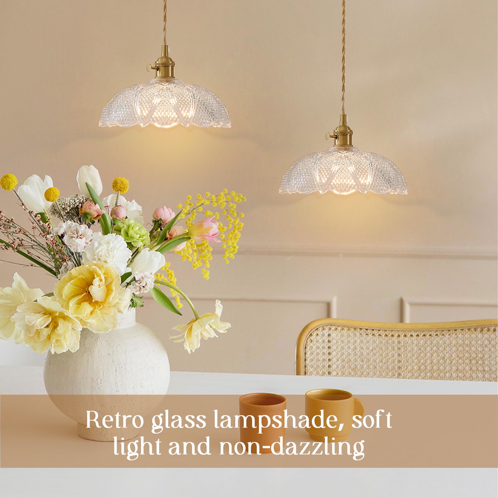 Oyisen Hanging Lamp,9.8 Inch Pendant Lights Kitchen Island Golden Cord Hanging Pendant Light Flower Lampshade Vintage Pendant Li