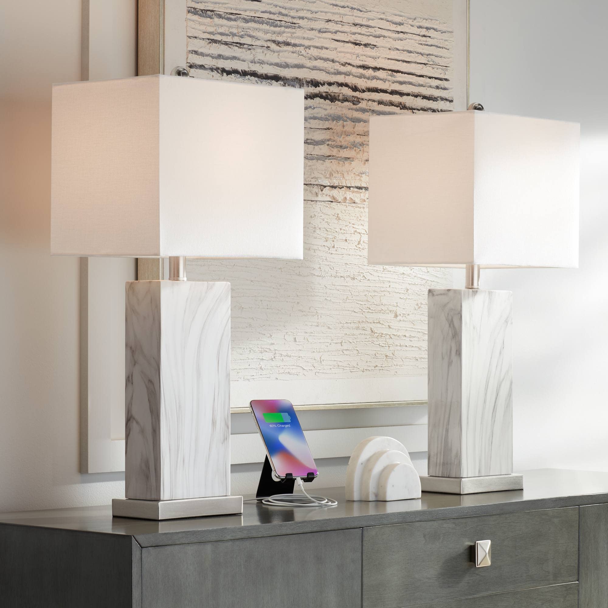 360 Lighting Connie Mid Century Modern Table Lamps 25'' High Set of 2 with USB Charging Port White Faux Marble Rectangular Shade