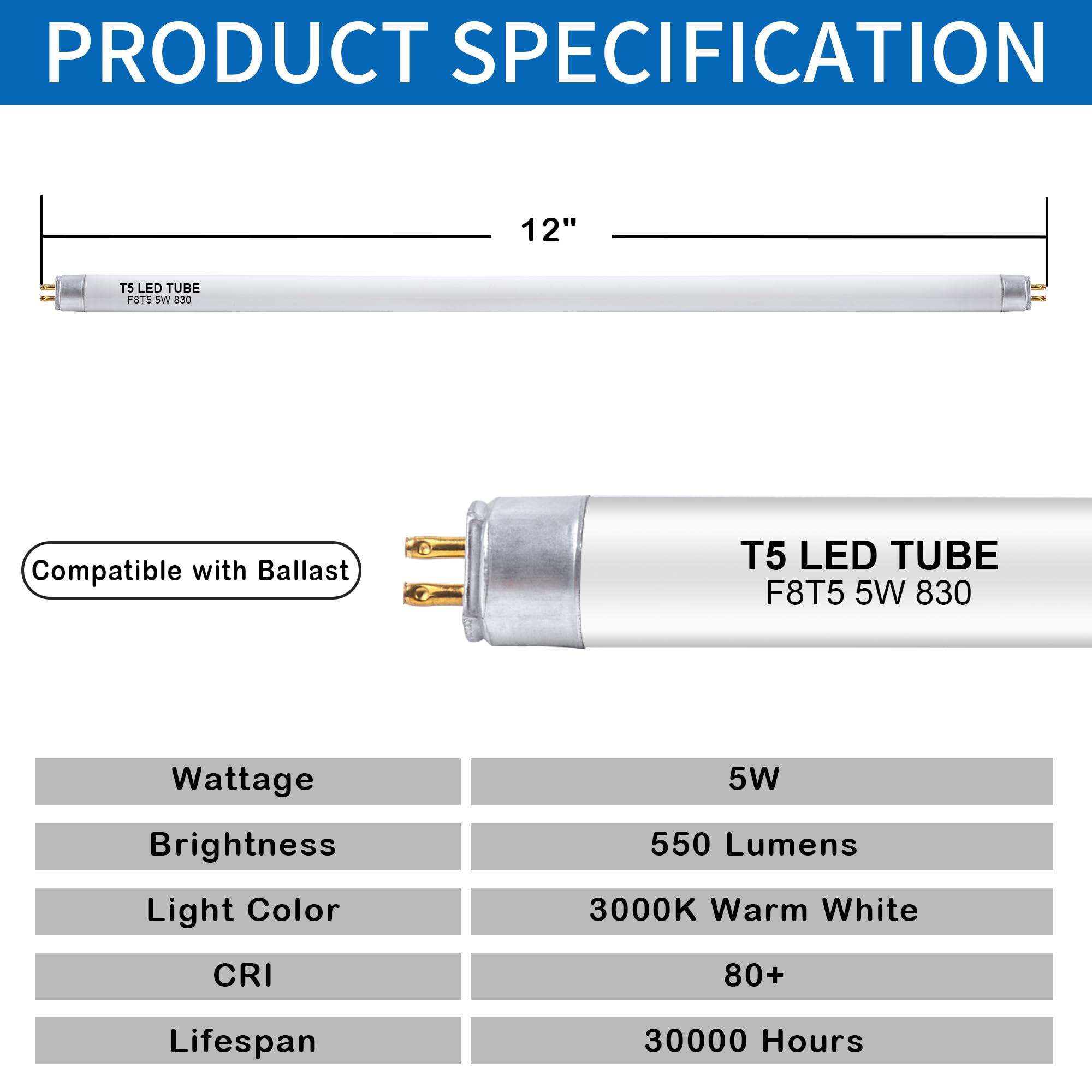 Wesome Lighting 12" F8T5/WW LED Replacement Bulbs, 5W, 3000K Warm White, T5, 4 Pack