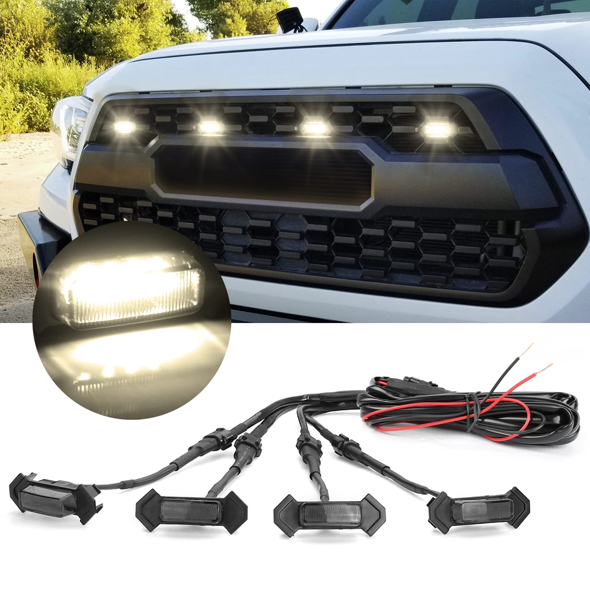 Oxilam Led Grille Lights 4 Pcs With Harness & Fuse Adaptor For Toyota Tacoma Trd Pro 2016-2023 Oem Front Grille, Black Shell Wit