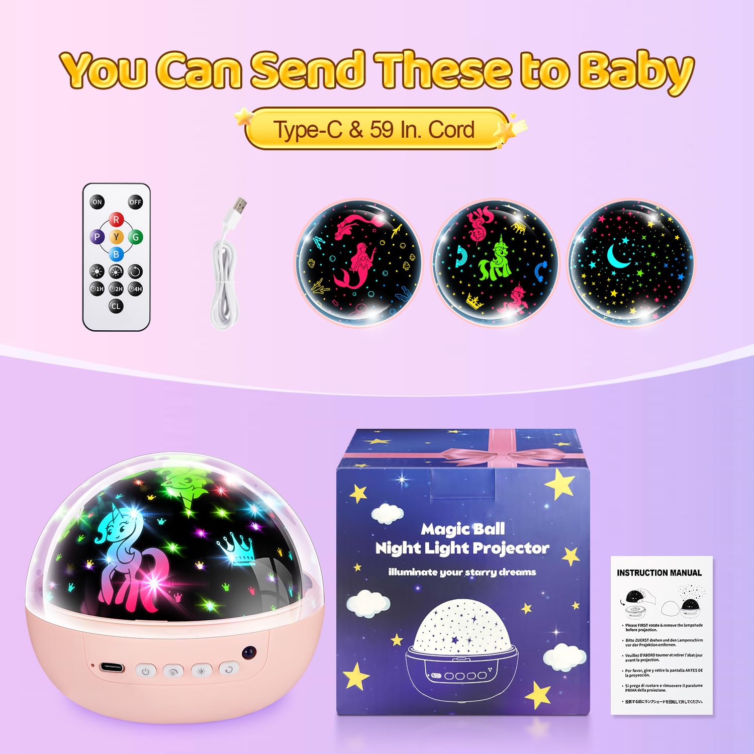 COOLNIGHT Unicorn Night Light Projector - 3 Films, 93 Colors, Remote, Dimmable, 360° Rotation, Pink Model, Kids Gift