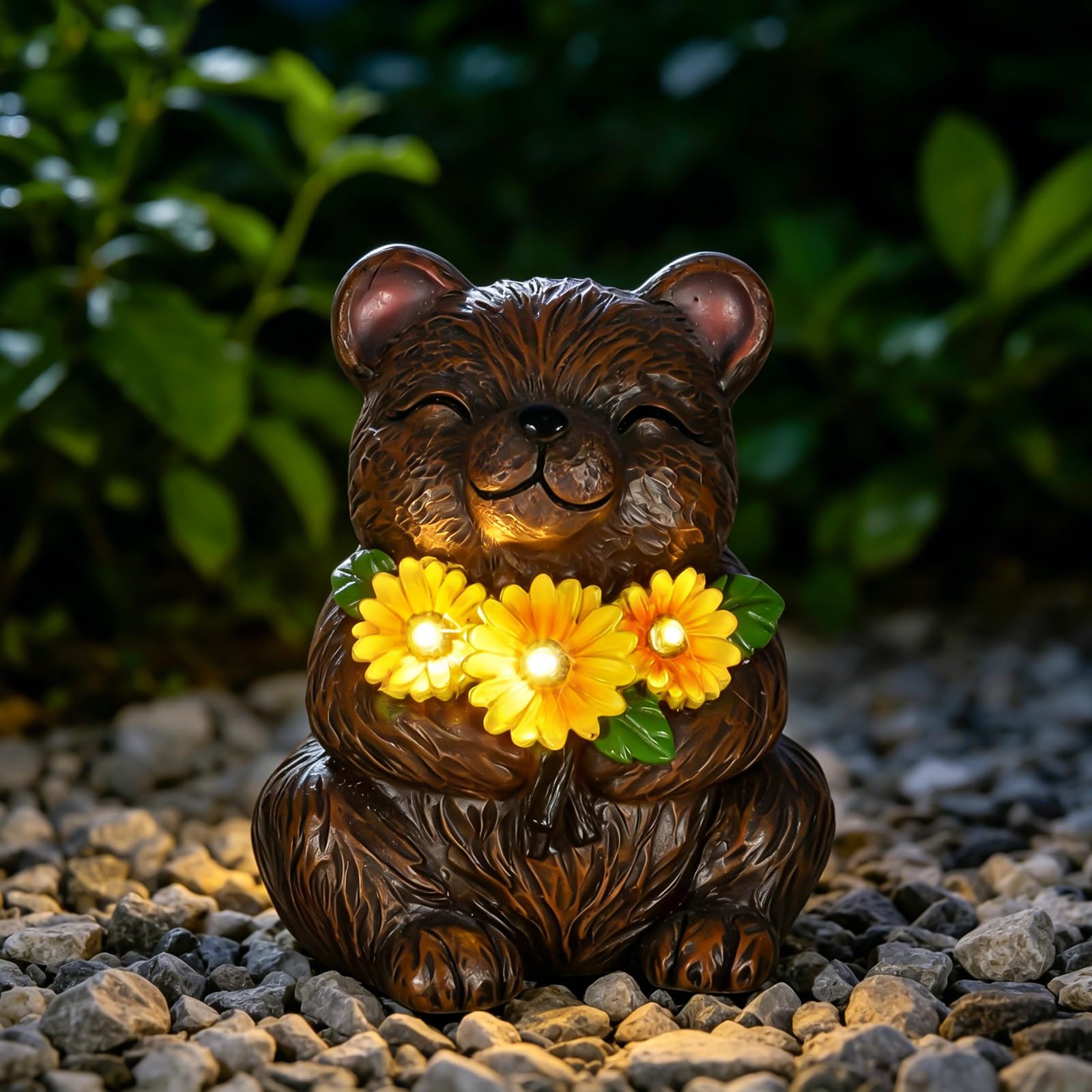 Solar Garden Statues Bear with Daisy and LED Lights Birthday Gifts for Women Mom Grandma Solar Outdoor Cat Decor for Outside,Out