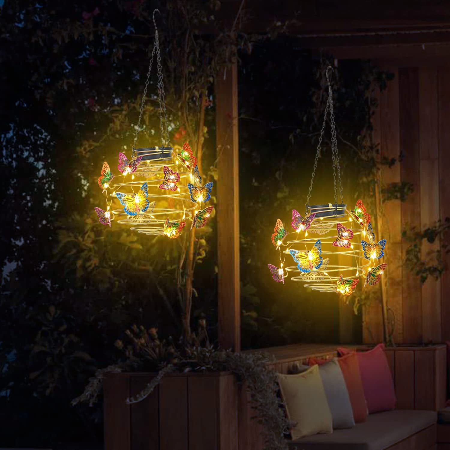 2 Pack Butterfly Solar Lights Outdoor Hanging Lantern with Handle, Solar Powered Butterflies Garden Decor for Outside Patio Yard