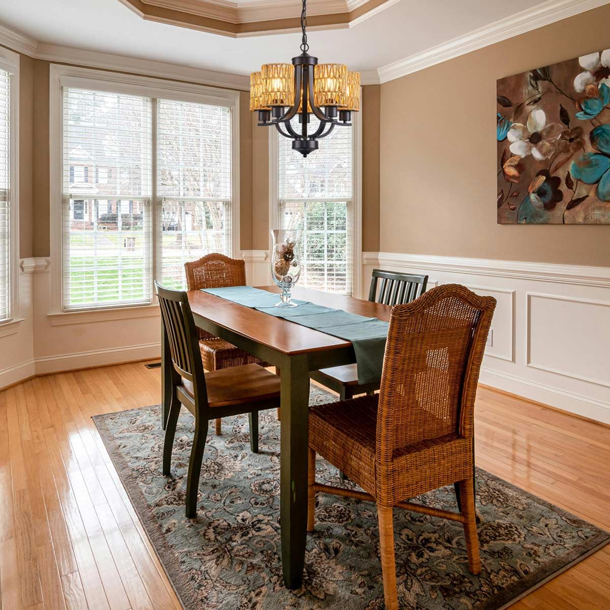 TELAFLY 5-Light Rattan Chandelier, Modern Rustic Metal Pendant Light for Dining Room, Kitchen, Foyer, Bedroom