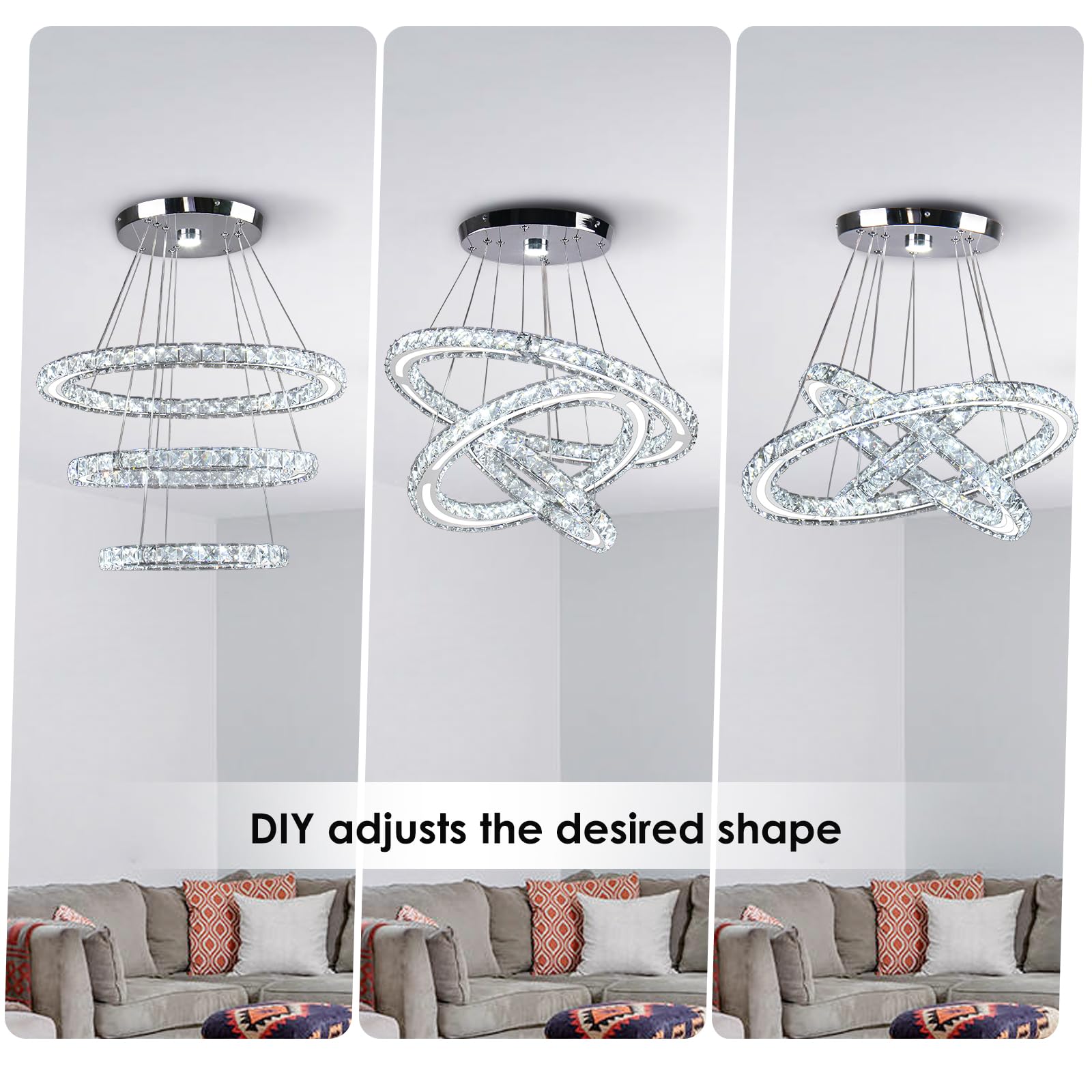 CXGLEAMING Modern Chandelier LED Pendant Light Fixture Dimmable 3 Rings Stainless Steel 250mm Base 209 Crystals