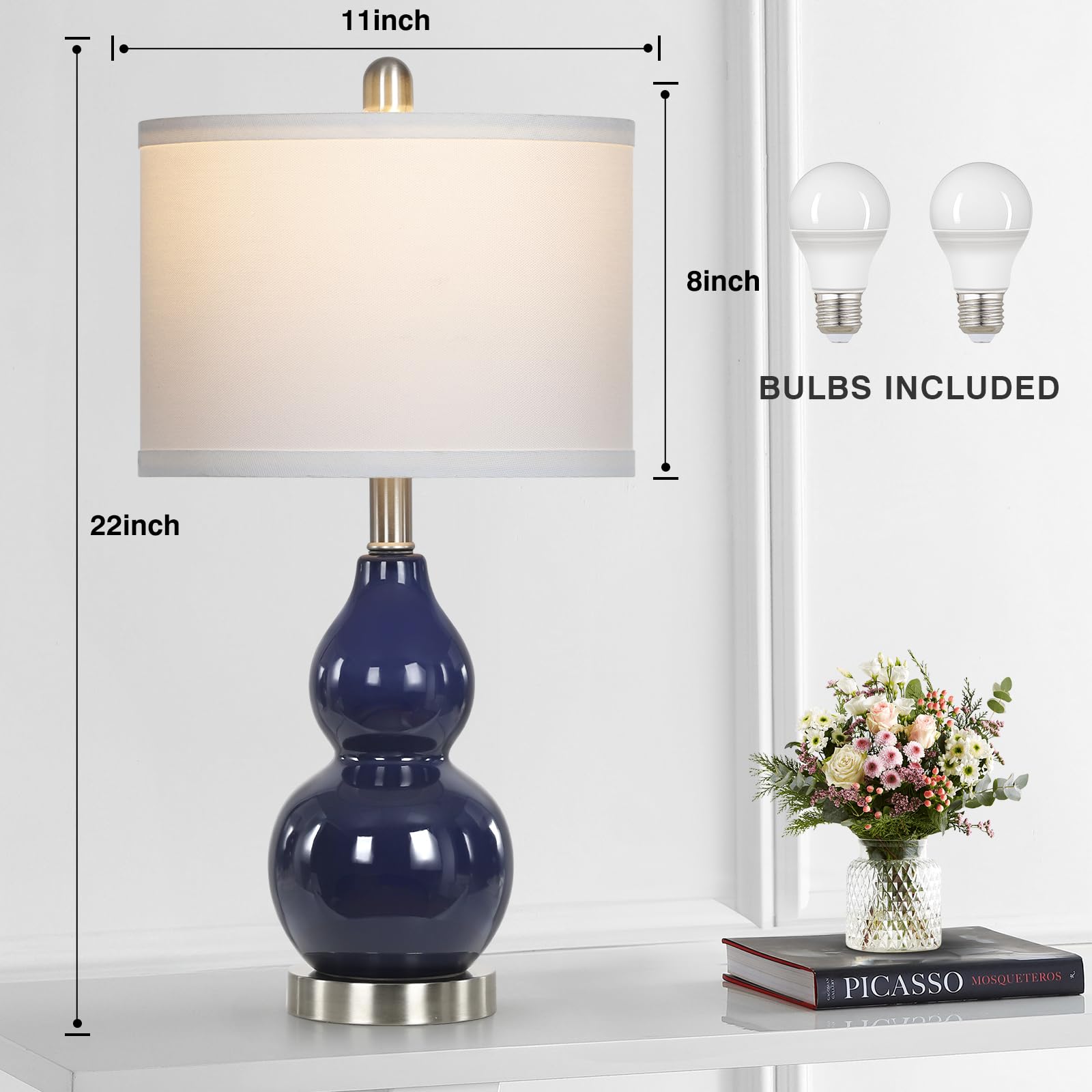 Rinweey Double Gourd Ceramic Table Lamps Set Of 2, Modern Navy Blue Bedside Lamps For Night Stand, Contemporary Nightstand Lamps