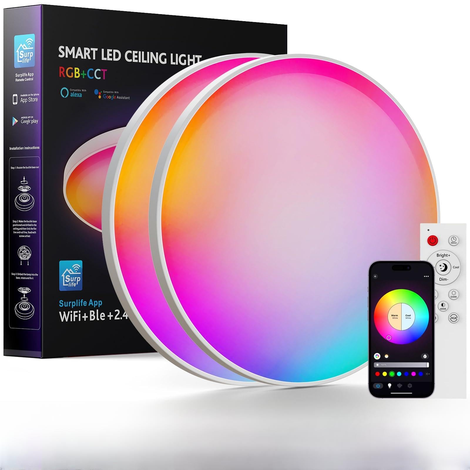 PKBD Smart Ceiling Light, 12 Inch RGB LED, Remote Control, 2200K-6500K, Ultra-Thin, 2 Pack, White, Model ZJ-BWCLAH