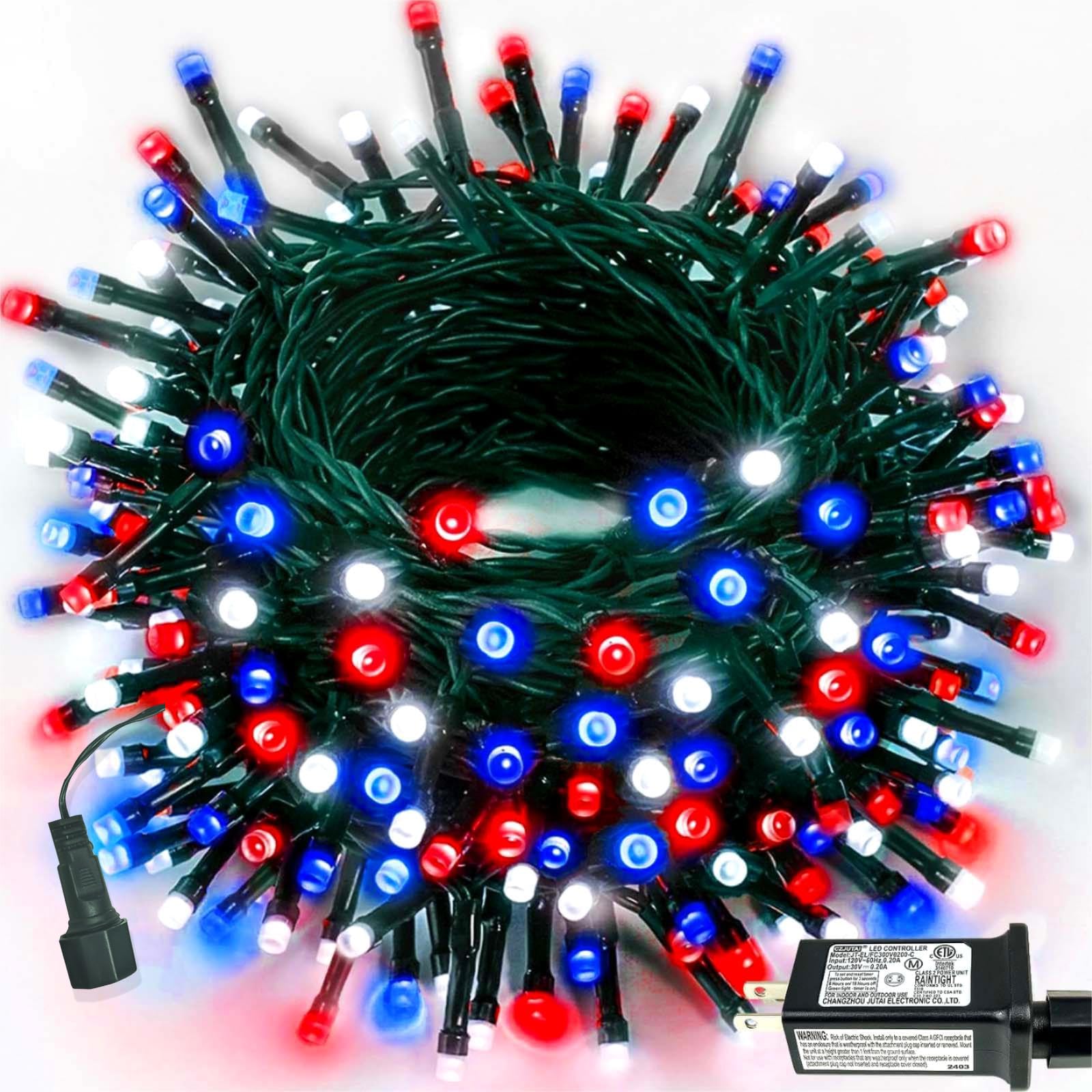 YIQU 200 LED String Lights - Red White Blue, 75.8 FT, Waterproof, Extendable, Indoor Outdoor, Model JT-EL/FC300V0200-C