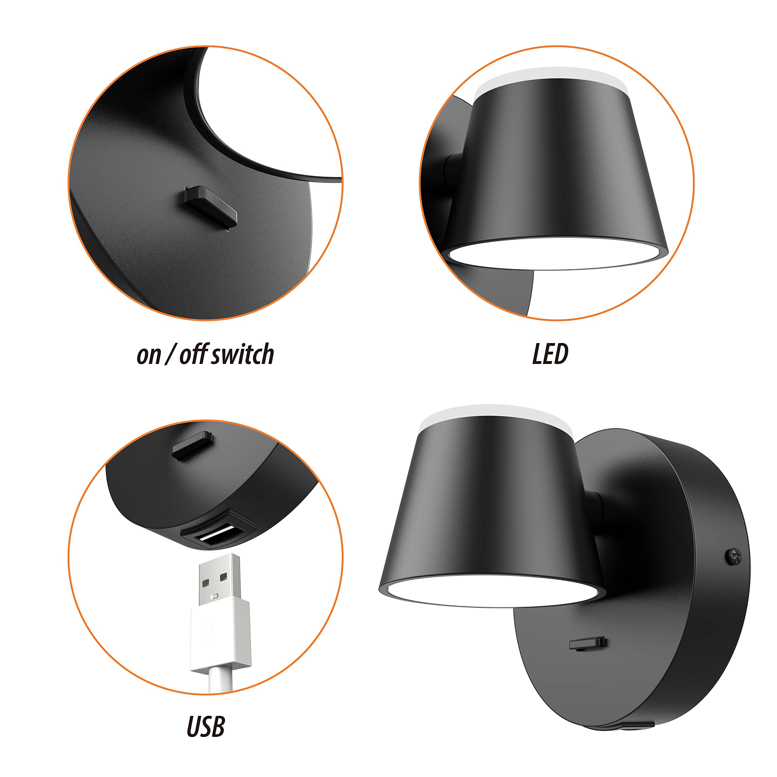 URSOLA LED Wall Sconce with On/Off Switch, USB Port, 350° Rotatable, Hardwired, Black, Model 7540-1T, 1 PC
