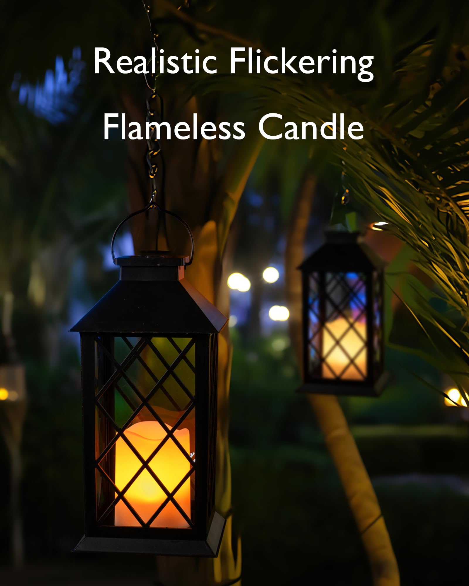 Homemory Solar Lanterns - 2 Pack Outdoor Waterproof Hanging Lanterns with Flameless Candles, 13'' Black Heavy-Duty ABS & Glass