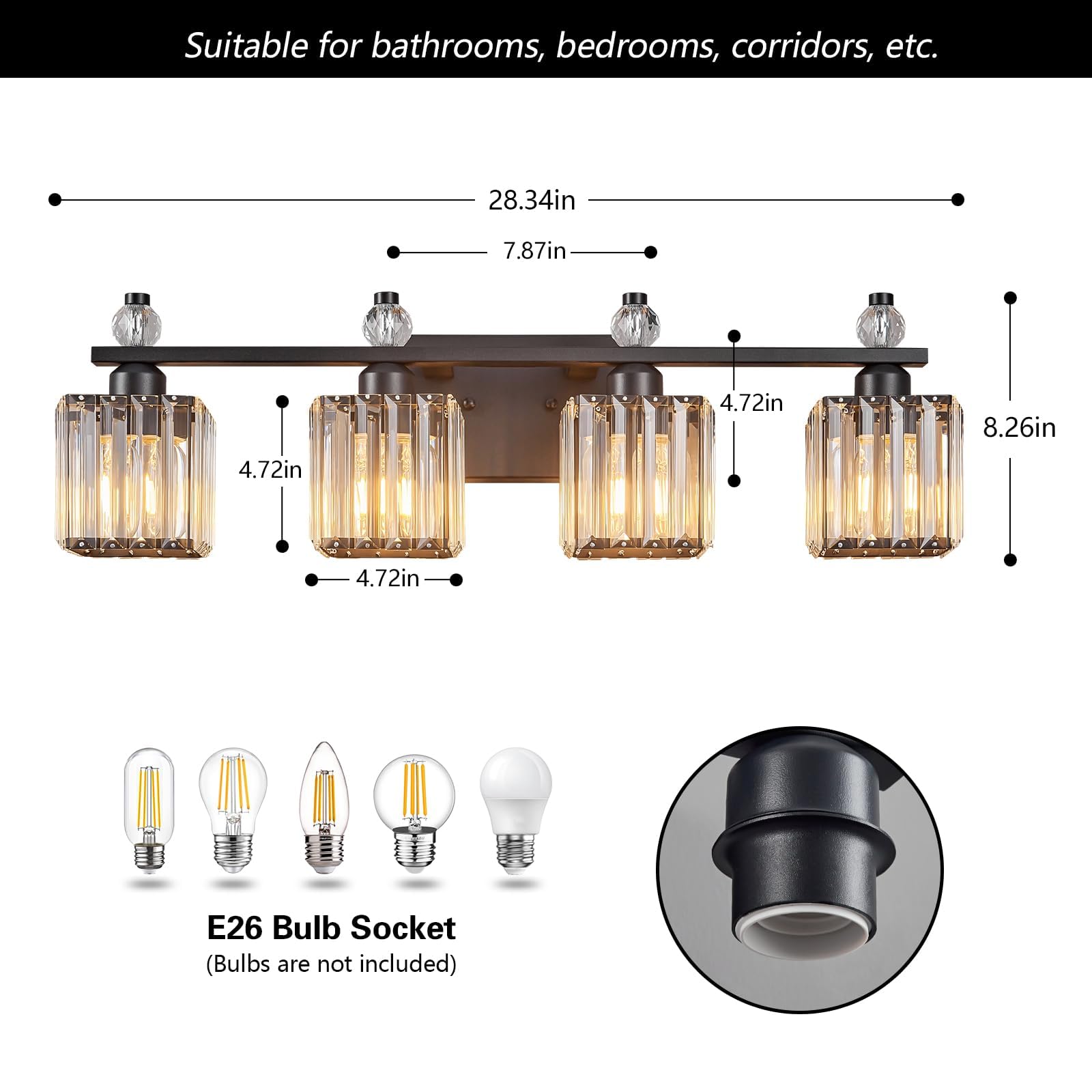 FDPBY 4-Light Crystal Vanity Light Fixtures, Sand Black, Metal, Model 290 for Bathroom Over Mirror Lighting