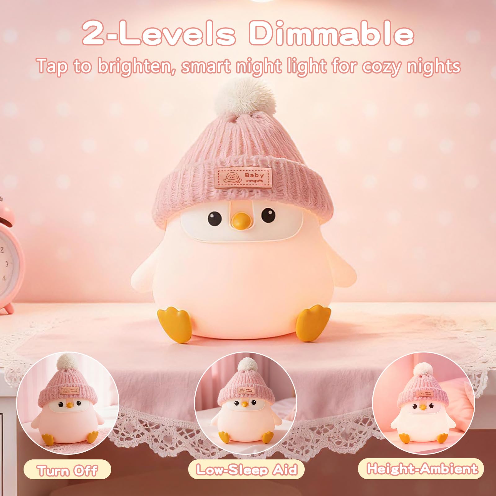 Famiduo Penguin Silicone Night Light  Cute Pink Penguin Lamp With Knitted Hat  Soft Nursery Nightlight  Usb Rechargeable/Dimmable Led Squishy Novelty Animal Bedside Lamp Funny Gifts For Kids/Girls