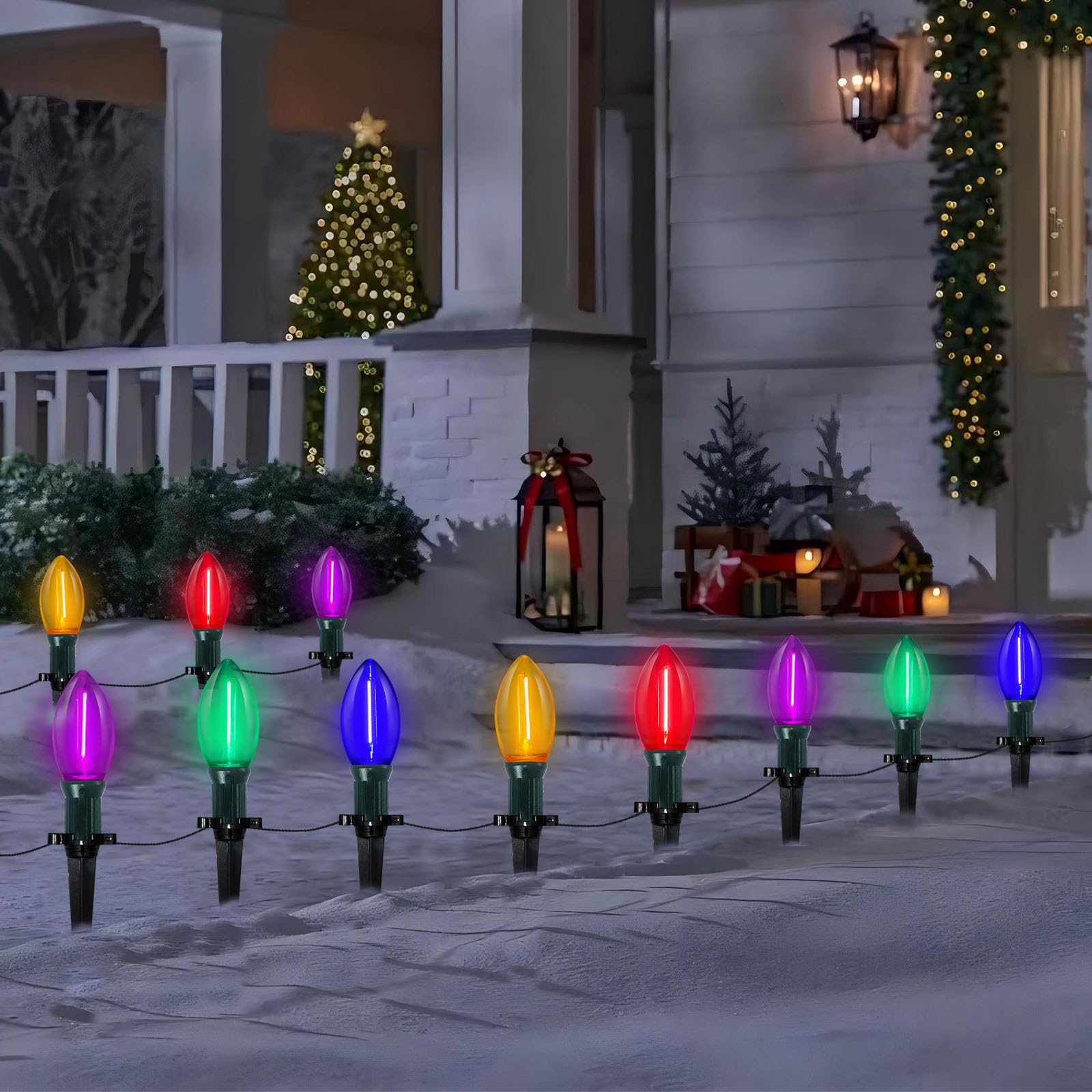 38Ft C9 Led Christmas Pathway Lights Outdoor, 25 C9 LED Multicolor Bulbs String Lights Waterproof with Stakes, Connectable Chris
