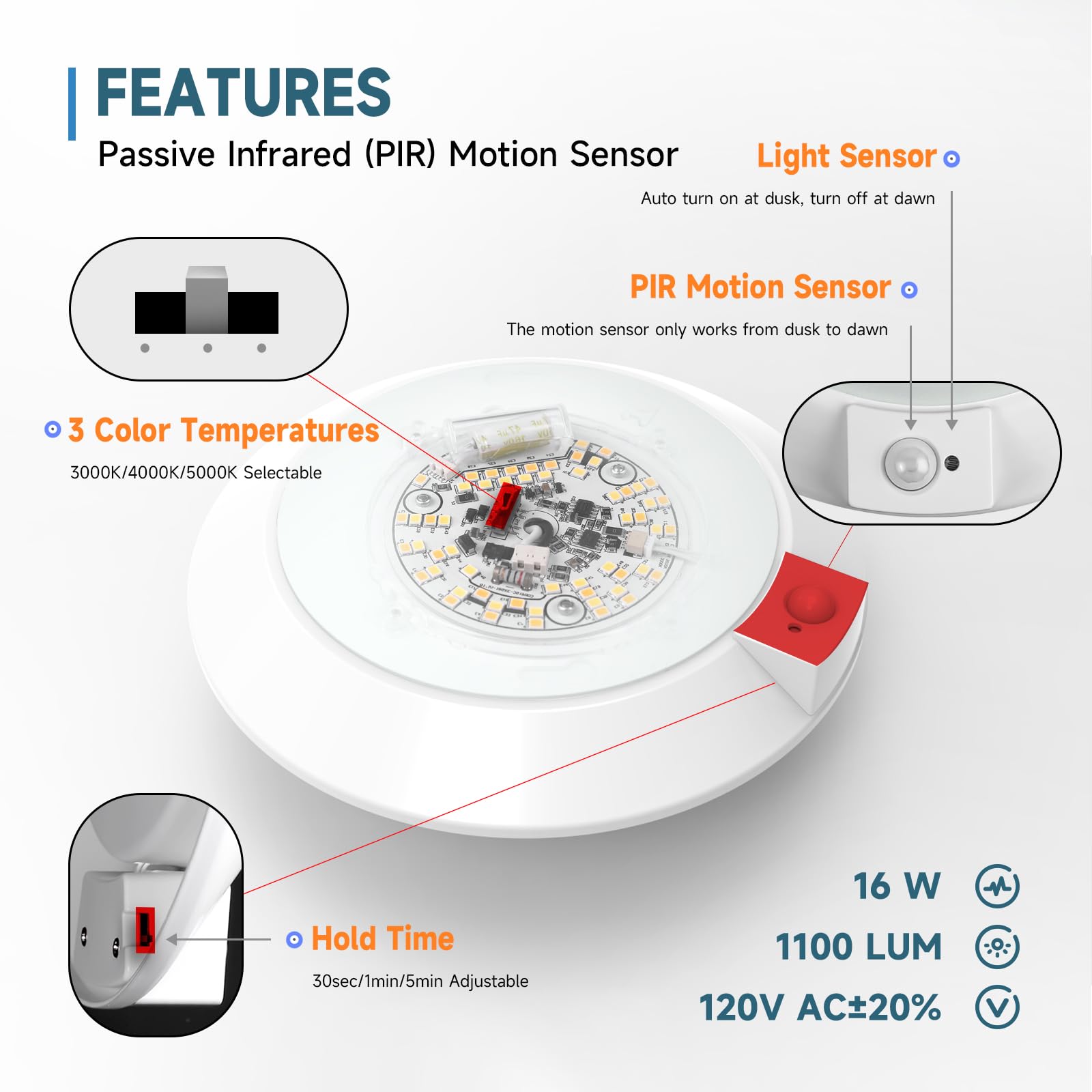 Ecoeler Pir Motion Sensor Ceiling Light, 3Cct Selectable Occupancy Light With Time Countdown & Dusk-To-Dawn Sensor, 16W 1000Lm,