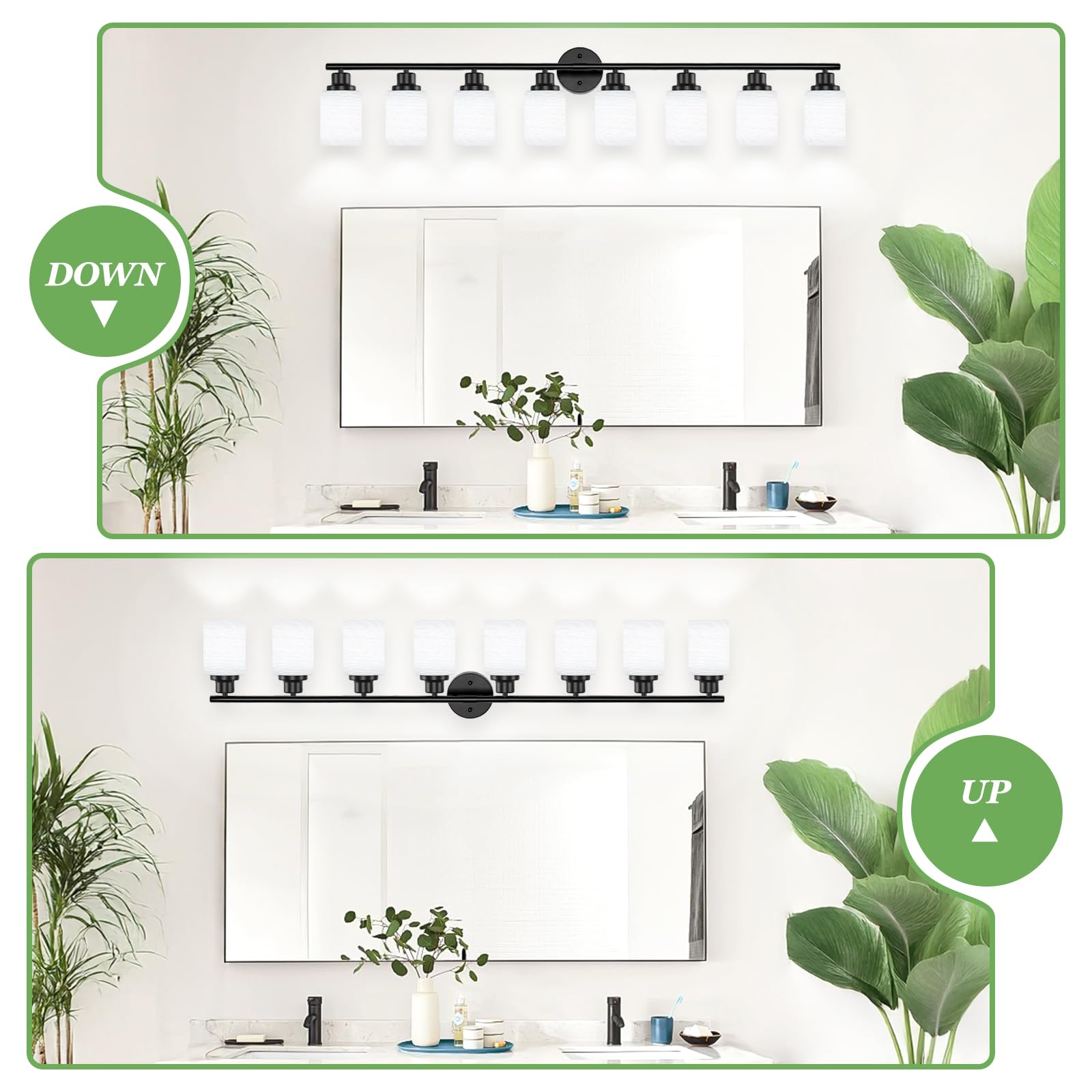 Guliaofo 8-Light Modern Bathroom Vanity Light Fixture, Matte Black with Frosted Glass Shades, Stylish Wall Lighting for Bathroom and Bedroom