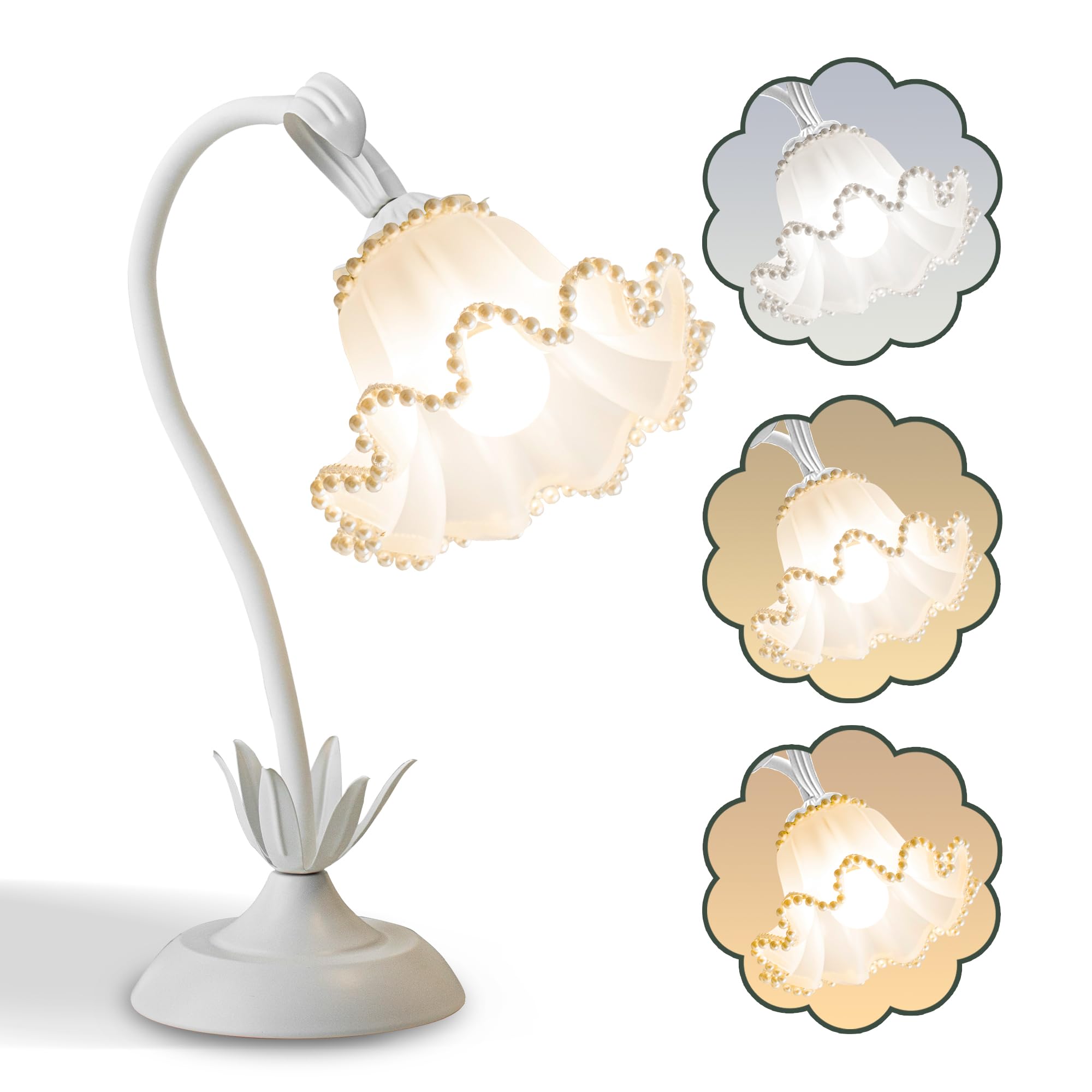 Aqdzcnf Flower Table Lamp Led Reading Light Bedside Vintage Flower Night Light 3 Colors Modes Kawaii Bedside Lamps Decor Living Room Bedroom Room Lighting Table Lamps Home Decoration (White Pearls)