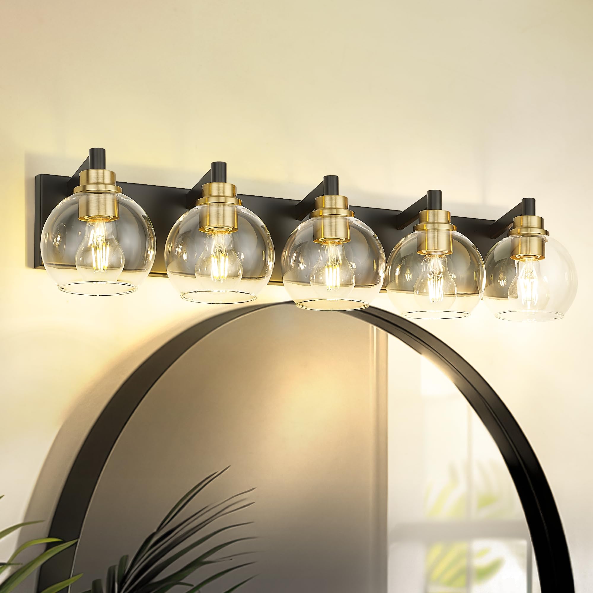Metwet Bathroom Light Fixtures, 5-Light Black And Gold Bathroom Vanity Light, 32 Inch Modern Wall Sconces With Globe Clear Glass