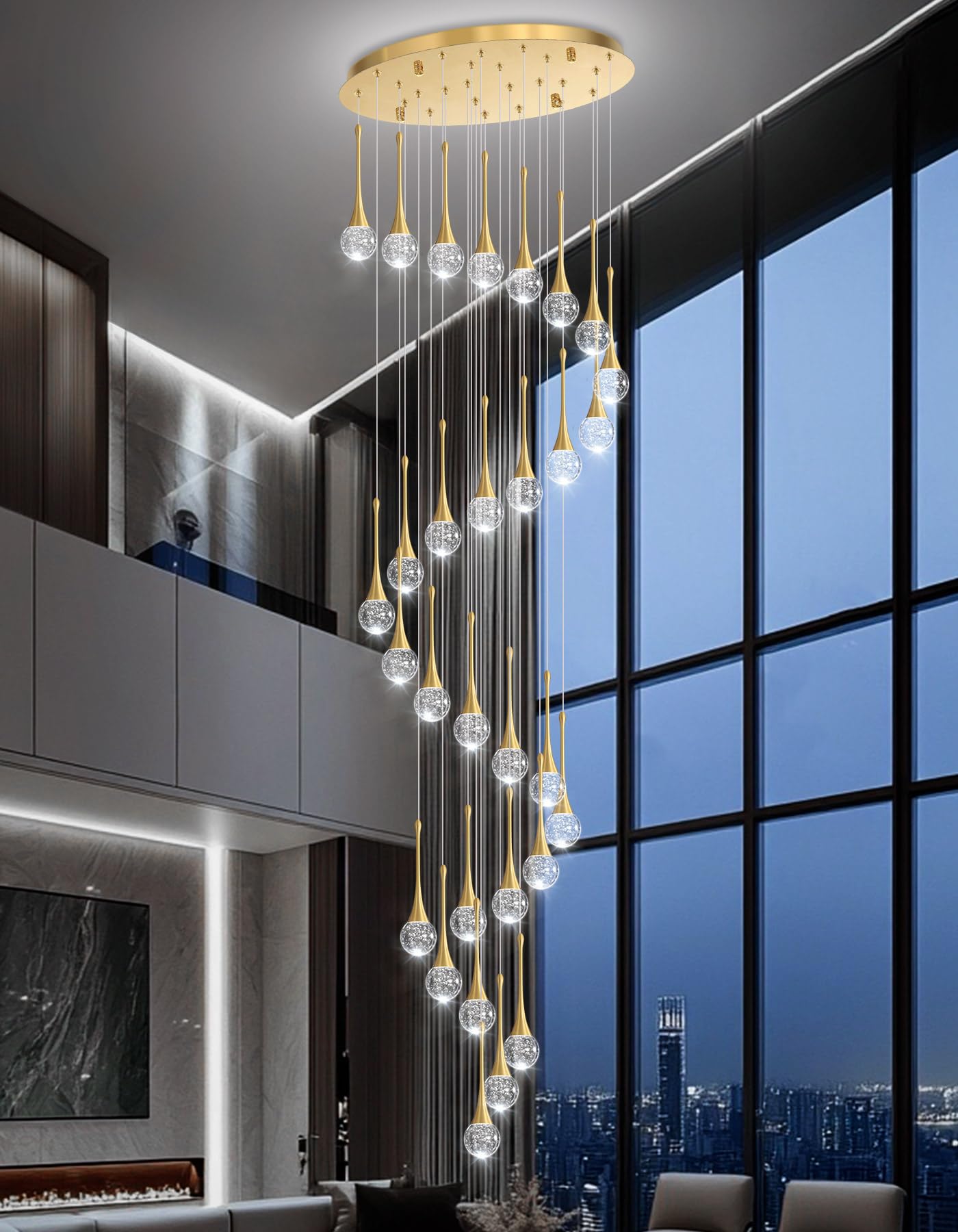 30 Light Modern Glam Crystal Chandelier For High Ceiling Led Dimmable Ceiling Pendant Light Staircase Foyer Enterway Living Room Chandelier Lighting Antique Gold