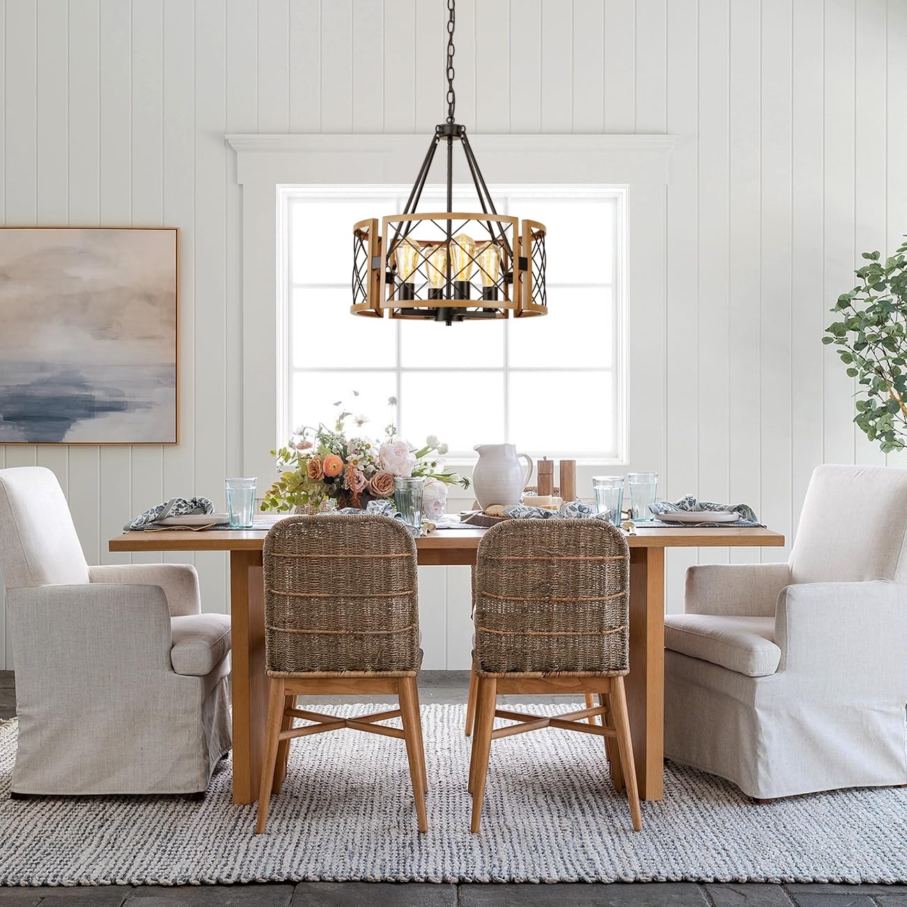SANTOSTOCK D19'' Farmhouse Chandelier, 4-Light Metal Pendant, Dark Oak, Model SSP016BB4 for Dining Room & Entryway Lighting