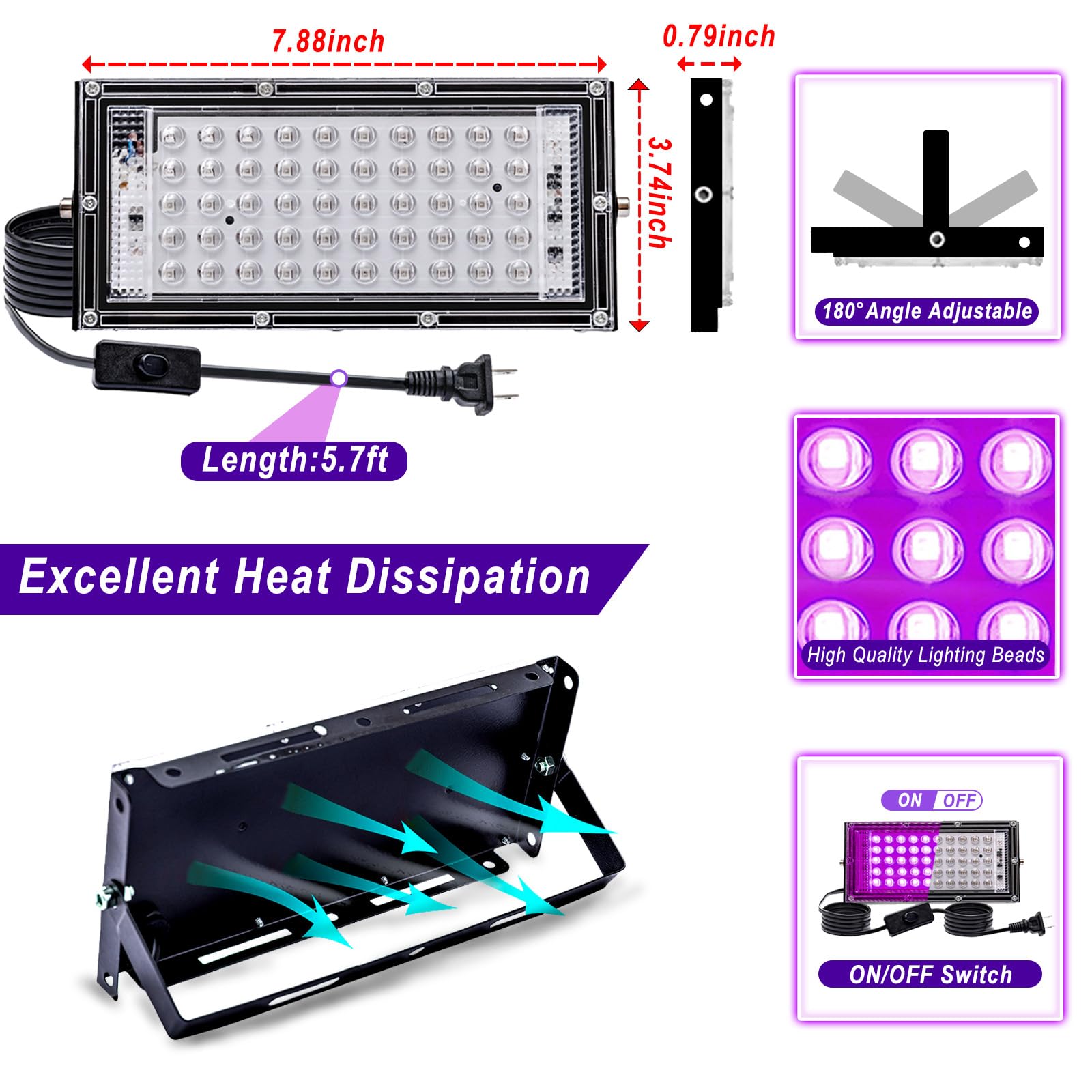 4 Pack 50W Black Light, Led Blacklight Flood Light With Us Plug And Switch, Black Lights For Glow Party,Neon Party, Halloween,Body Painting,Birthday Party,Fluorescent Painting And Fluorescent Tapestry