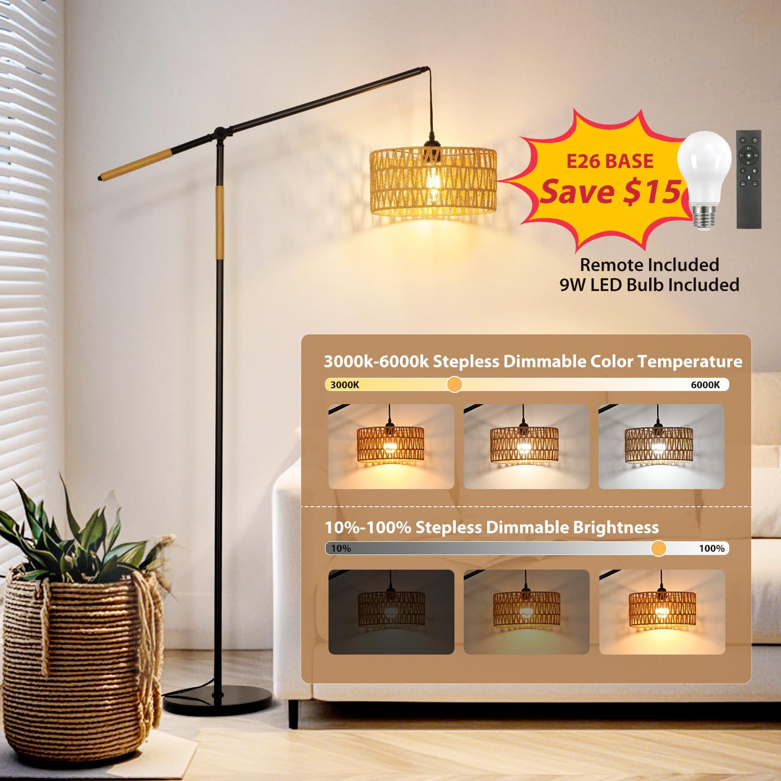 CASENKE Arc Boho Floor Lamp: 68 Rattan Tall Lamps with Remote and APP Control - Standing Black Floor Lampara with Dimmable LED B