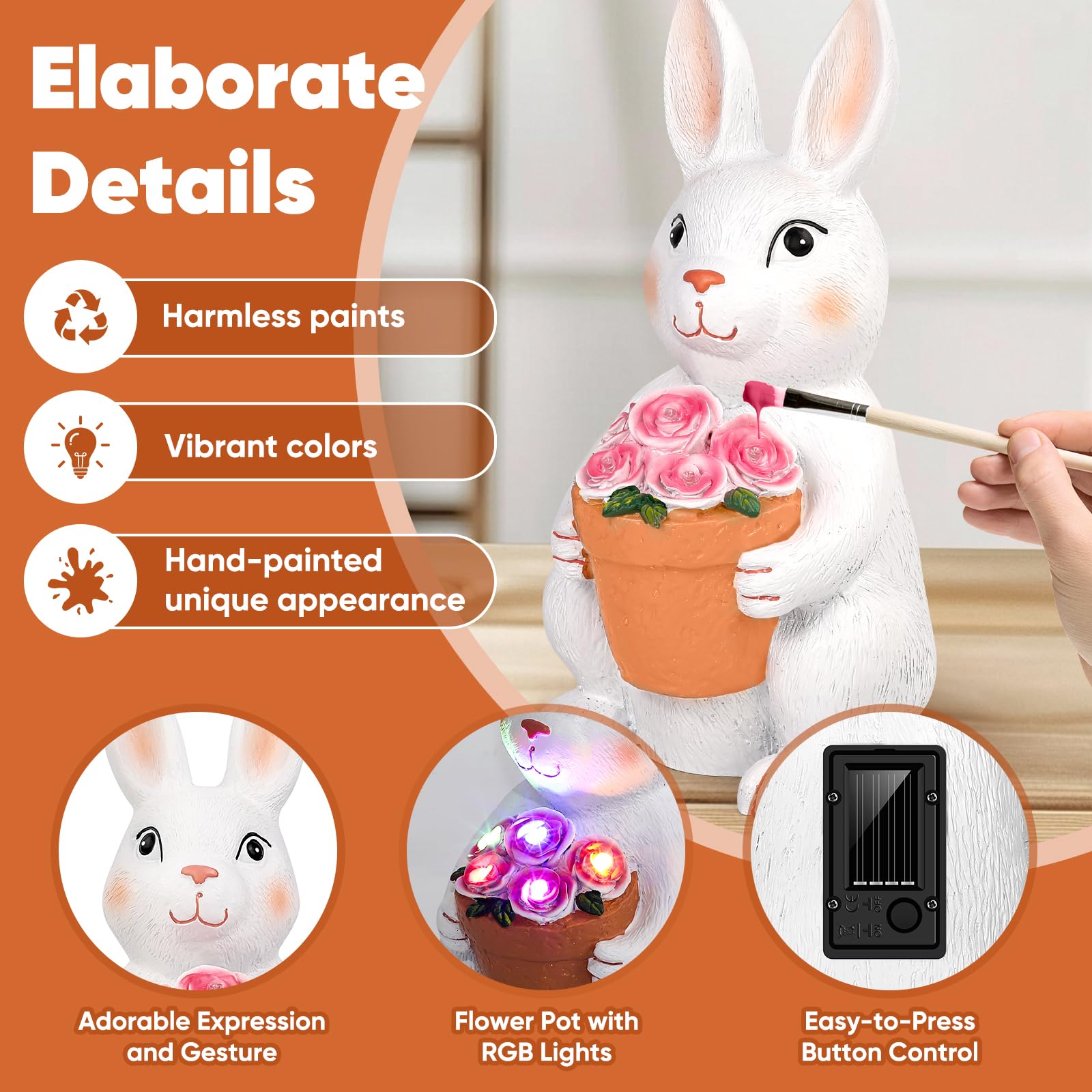 Brightever Solar Powered Outdoor Garden Statues- Rabbit With Flowers And 5 Colorful Led Lights, 11.8In Outdoor Figurine Lights,