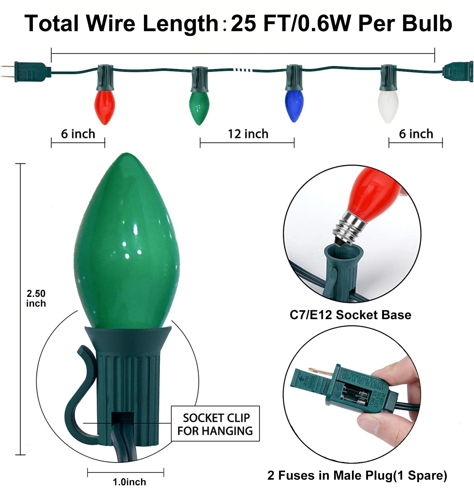 SUNSGNE C7 LED Christmas Lights, 25ft Multicolor Outdoor Lights, Plastic, 27 LED with 2 Spares, Vintage Holiday Decor
