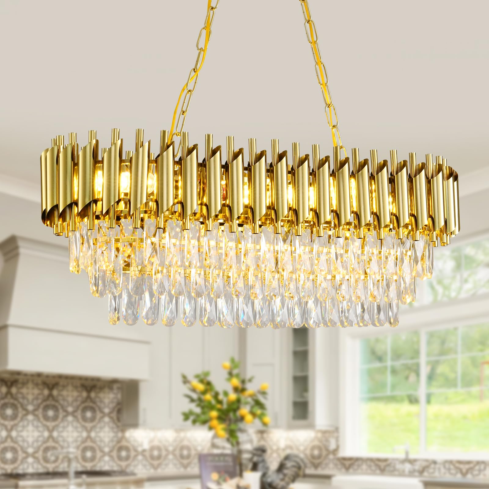 Akdxirun Modern Gold Crystal Chandeliers For Dining Room 8-Light Rectangular Crystal Chandelier Living Room Oval Contemporary Li