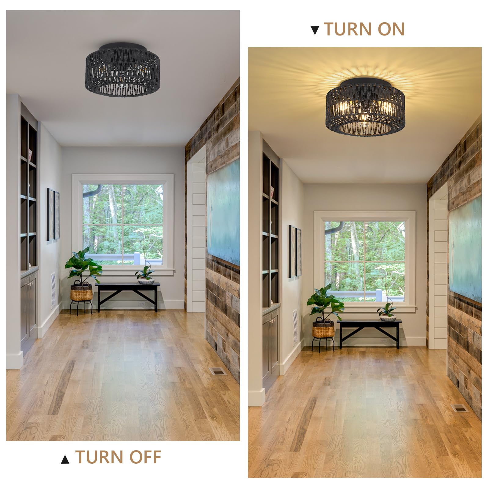 Pauful Rattan Light Fixtures, 3-Light Boho Flush Mount, Farmhouse Ceiling Light With Hand-Woven Shade, Modern Chandelier For Living, Bedroom, Entryway, Kitchen, Nursery