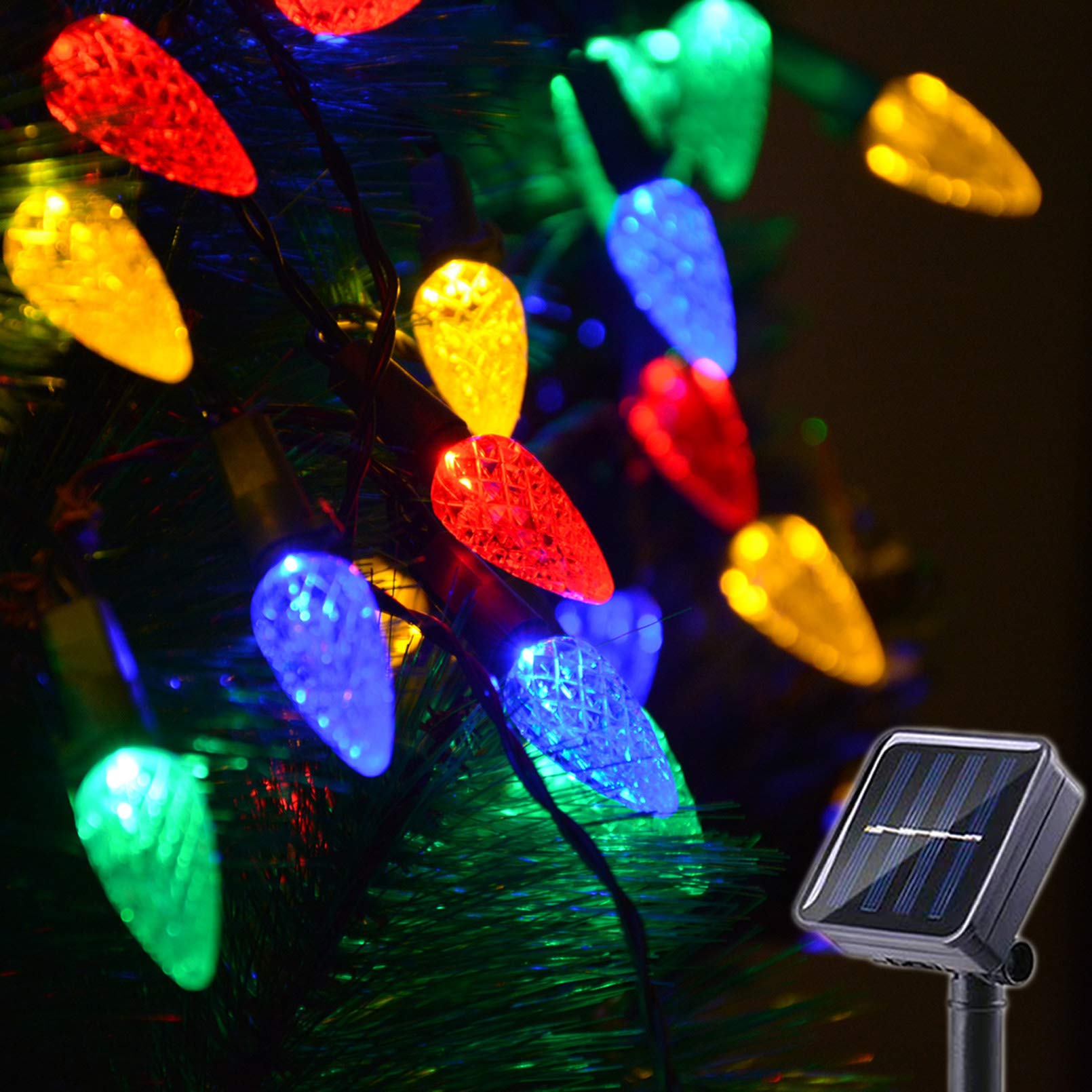 Huacenmy Solar Christmas Lights, C6 Strawberry String Lights, 50 LEDs, Multicolor, 8 Modes, Rechargeable Garden Decor
