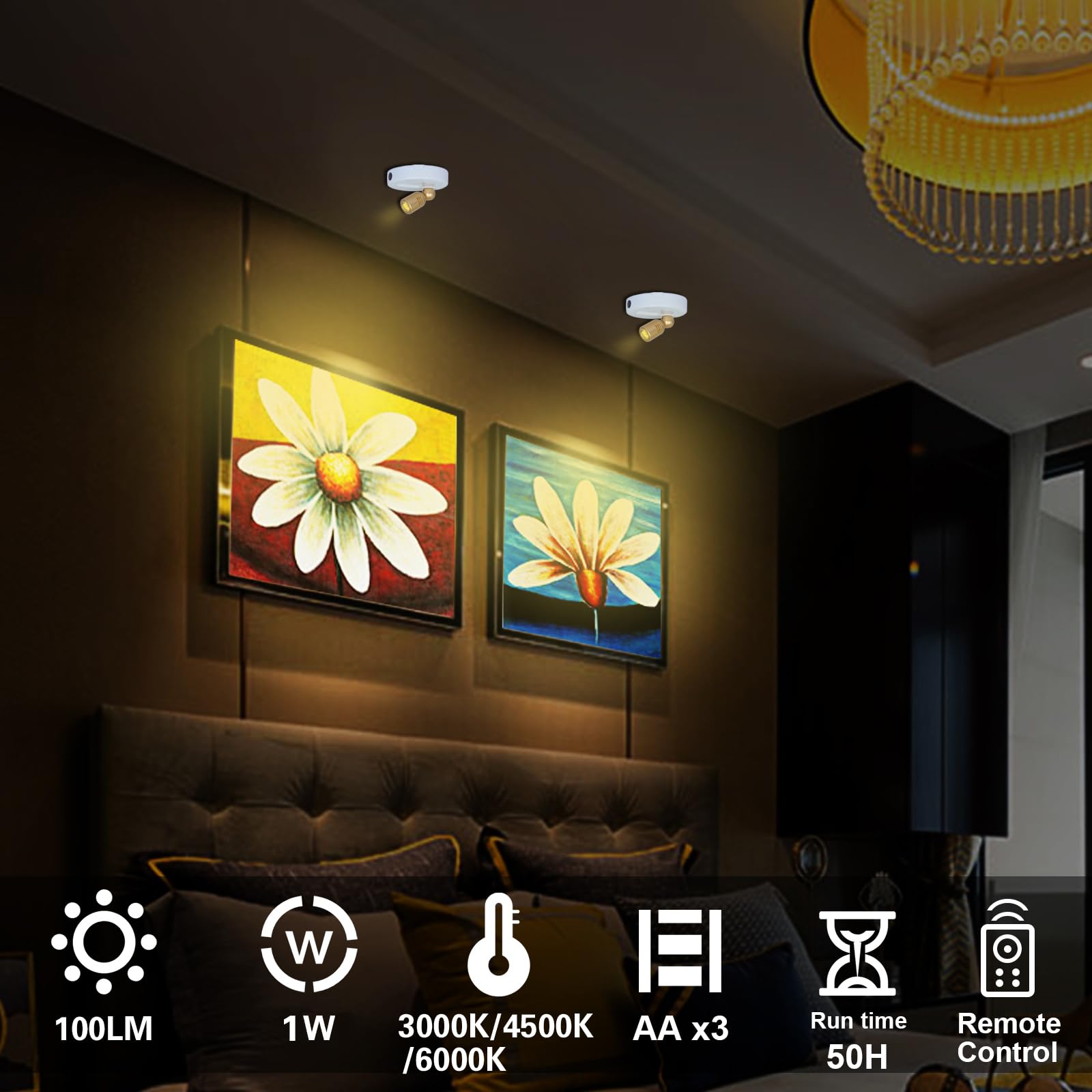 Hamvidne Led Spotlight Indoor, Battery Operated Spotlights With Remote, 3 Lighting Modes Up Lights For Plants Trees, Dimmable Ti