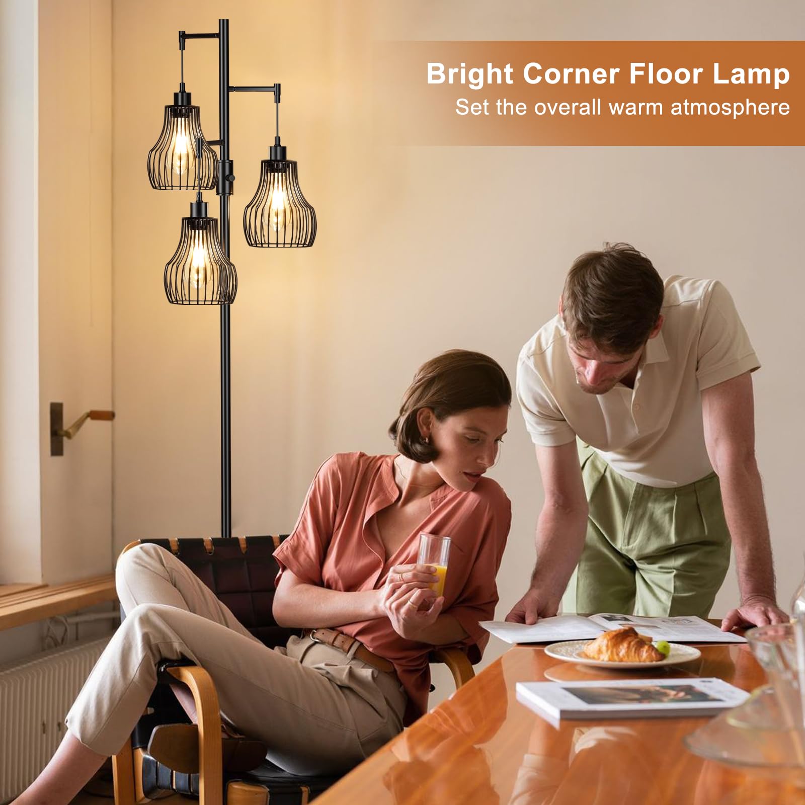 Dimmable Floor Lamp, 3 X 800Lm Led Edison Bulbs Included, Farmhouse Industrial Floor Lamp Standing Tree Lamp With Elegant Cage T