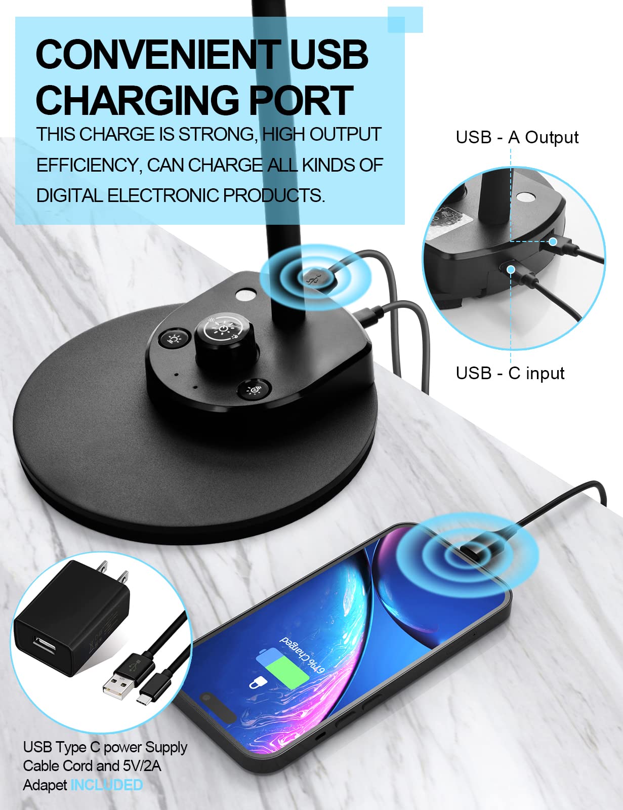 BOHON LED Desk Lamp with USB Charging, 3 Color Modes, Dimmable, Matt Black, Flexible Gooseneck for Bedside & Office