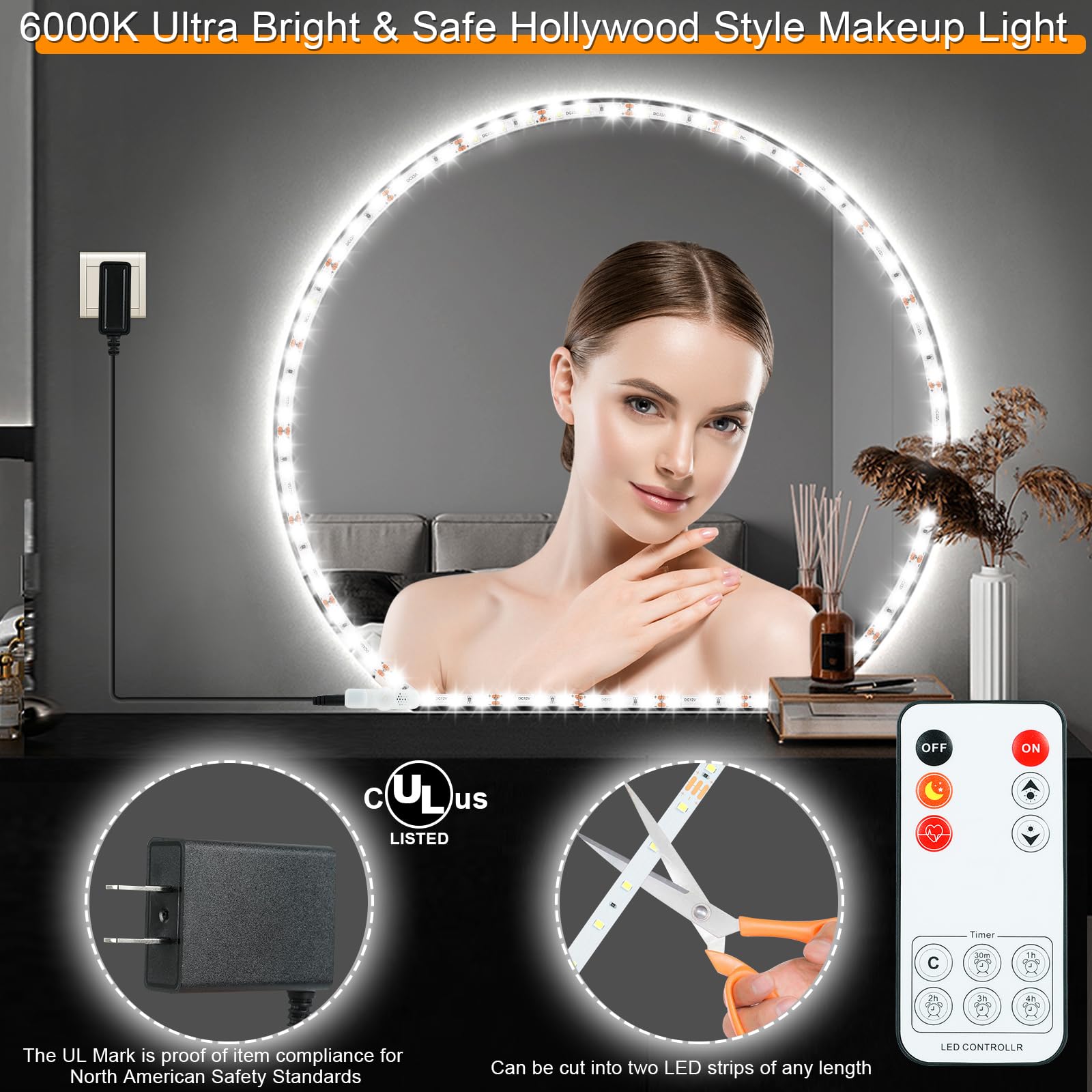 PANGTON VILLA LED Vanity Mirror Lights Kit, 13FT Flexible Light Strip, 6000K Daylight White, Dimmer Included, PCB Material