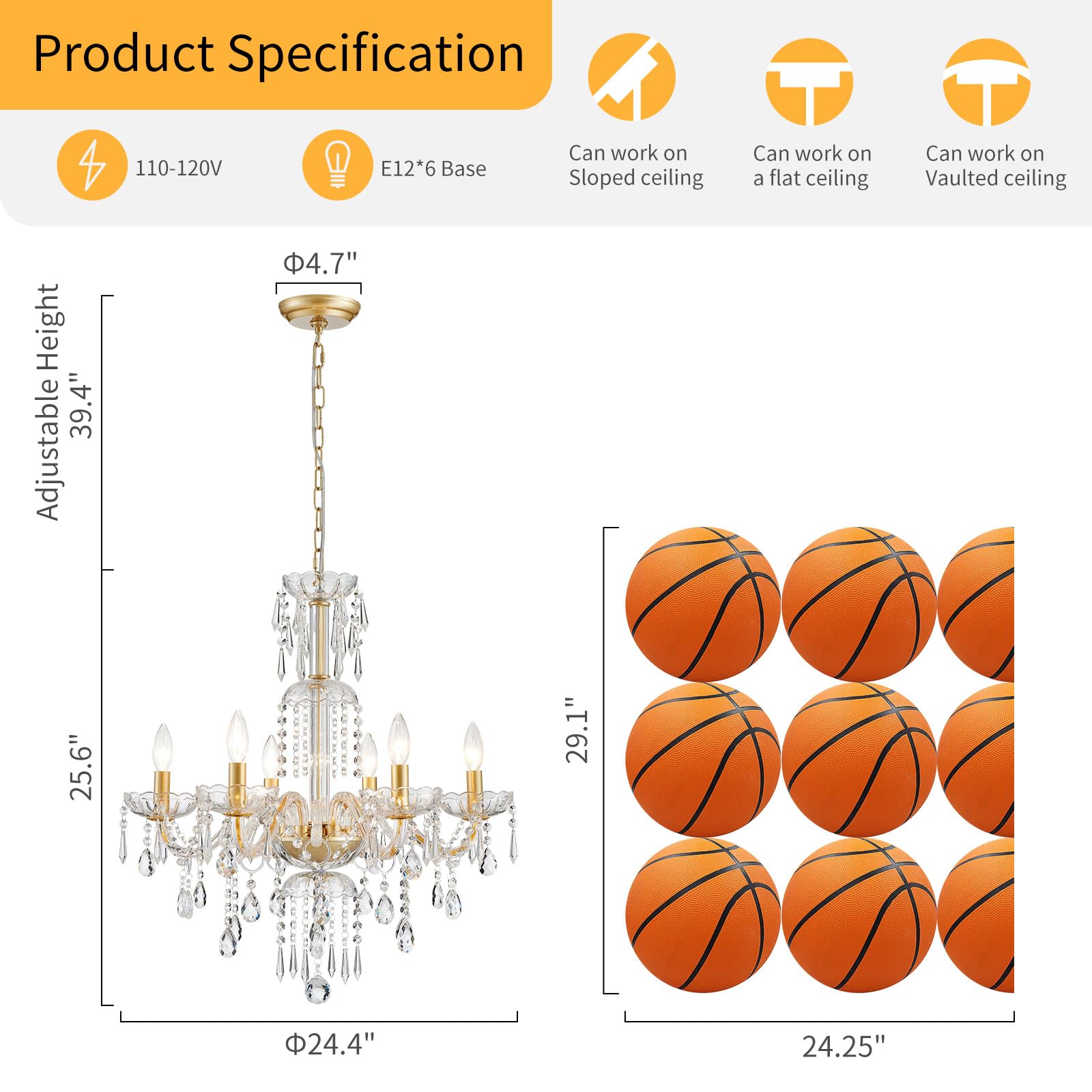 Wuzups 6-Light Crystal Candle Chandelier Pendant Ceiling Light Modern Lighting Fixture For Bedroom Hallway Bar Kitchen Bathroom  H 25.6 W 24.4  E12 Base  Gold